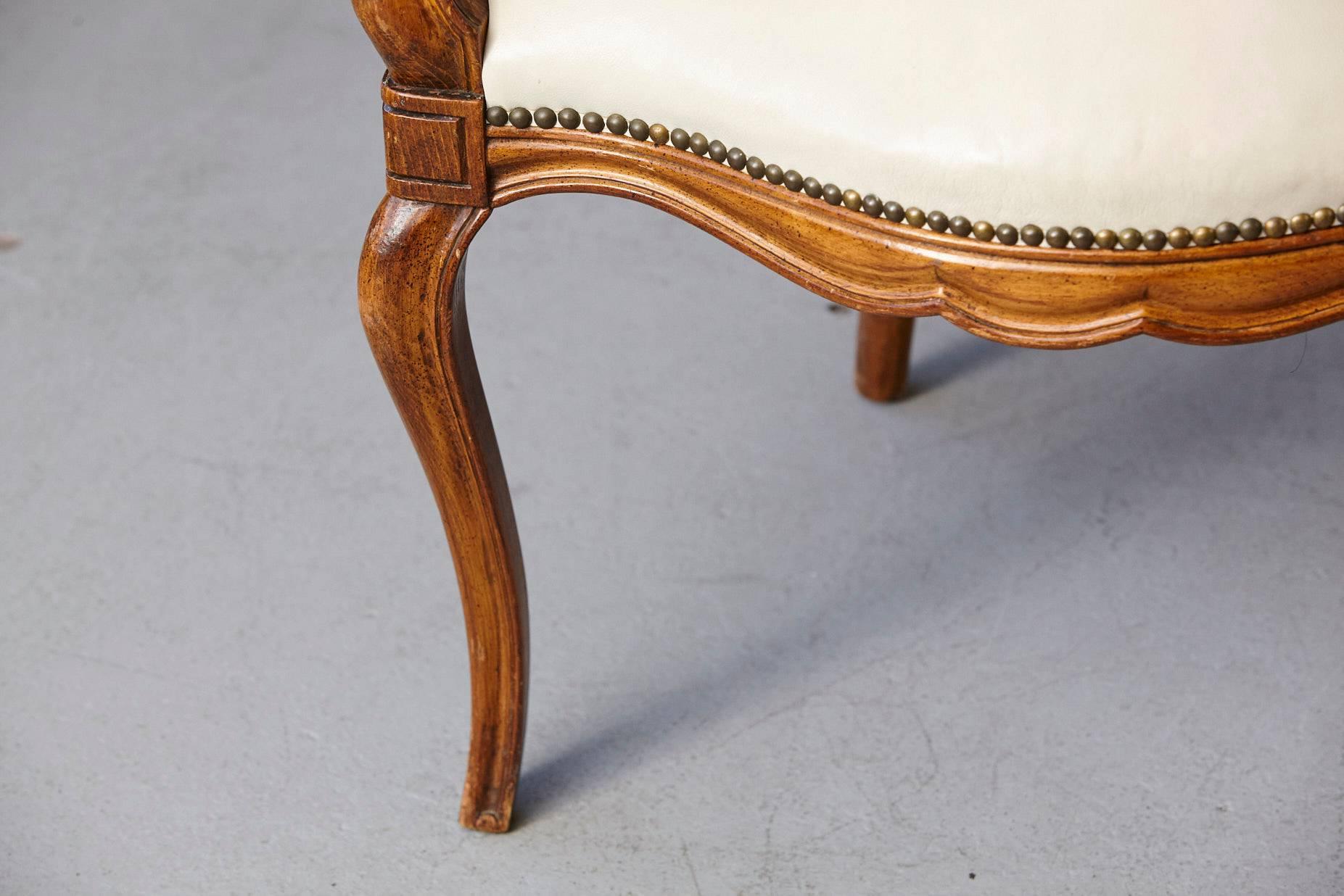Louis XV Style Walnut Fauteuil in Nail Trimmed Creme Leather 1