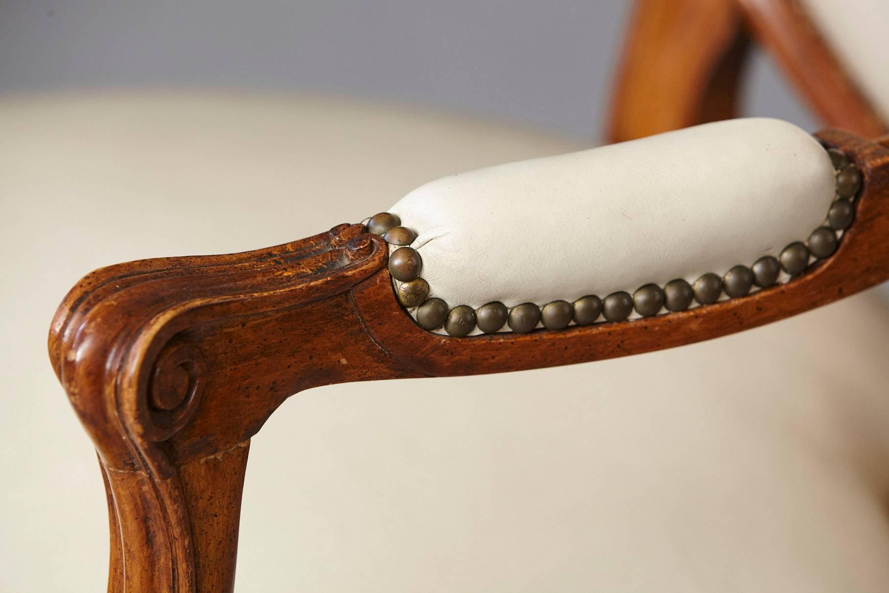 Louis XV Style Walnut Fauteuil in Nail Trimmed Creme Leather 2