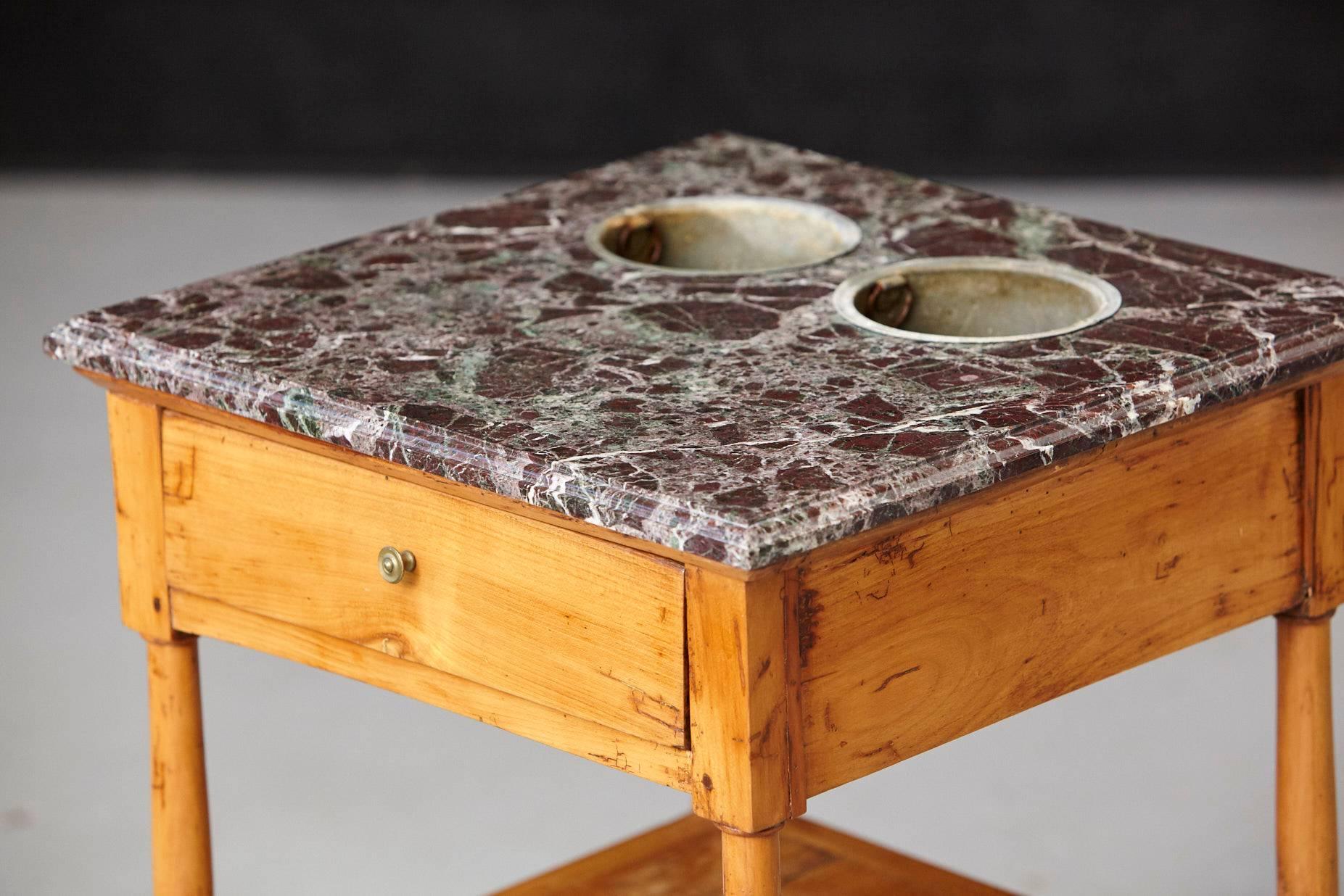 Zinc 19th Century French Provincial Fruitwood Work Table with Marble Top and Inserts