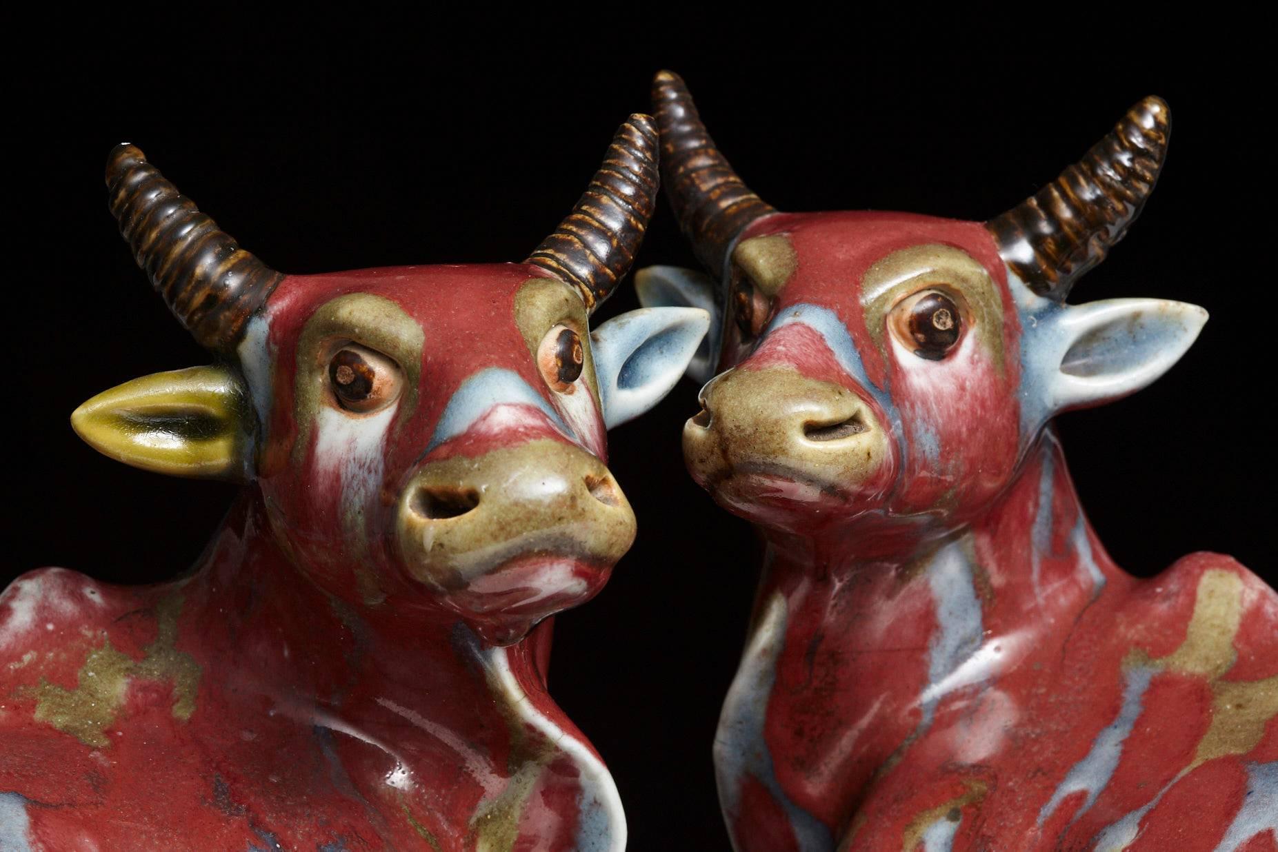 Pair of Chinese Porcelain Water Buffalos on Conforming Rosewood Stand 2