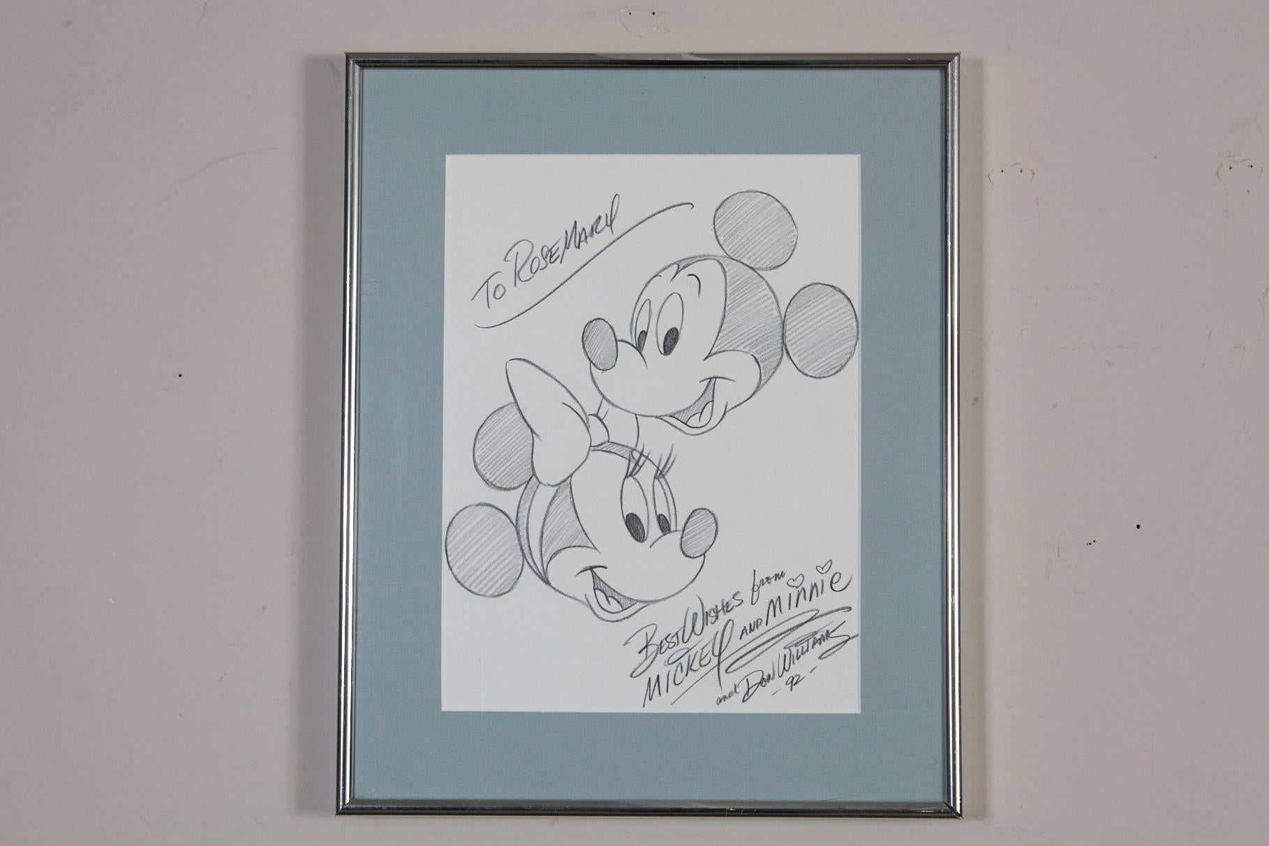Original line drawing created exclusively by the animator Ron Williams for Rosemary Clooney.
'To Rosemary Best Wishes from Mickey and Minnie and Don Williams -92-'
The framed drawing is from the estate of Rosemary Clooney, which can be