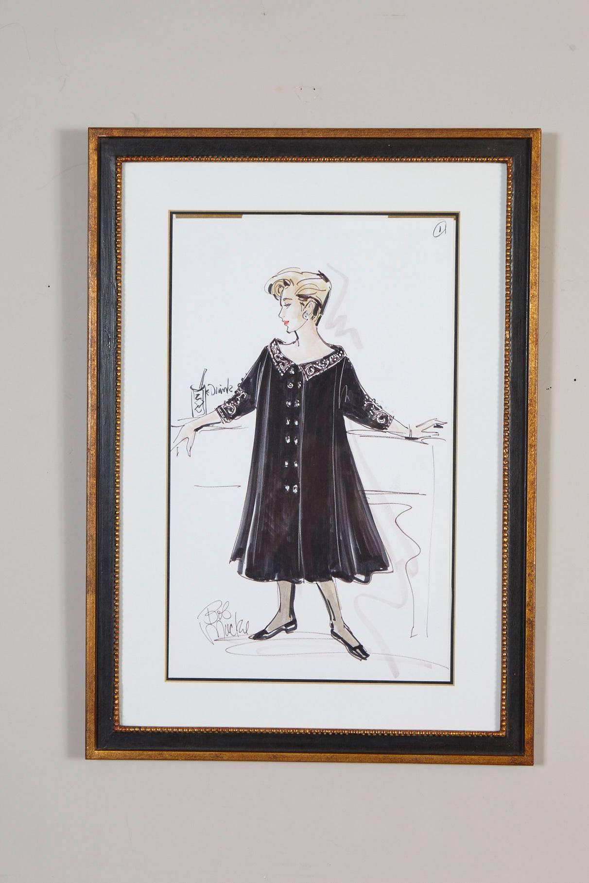 A must for every fashionista! Signed Bob Mackie ink and watercolor fashion drawing of a show dress proposal for Rosemary Clooney, from the estate of Rosemary Clooney.
Framed in a black and gilded frame under glass.
This unique piece can be