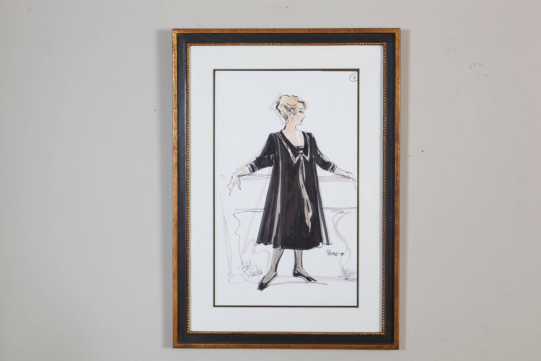 Signed Bob Mackie ink and watercolor fashion drawing of a show dress proposal for Rosemary Clooney, from the estate of Rosemary Clooney.
Framed in a black and gilded frame under glass.
This unique piece can be certified. 
This is drawing #1 of two