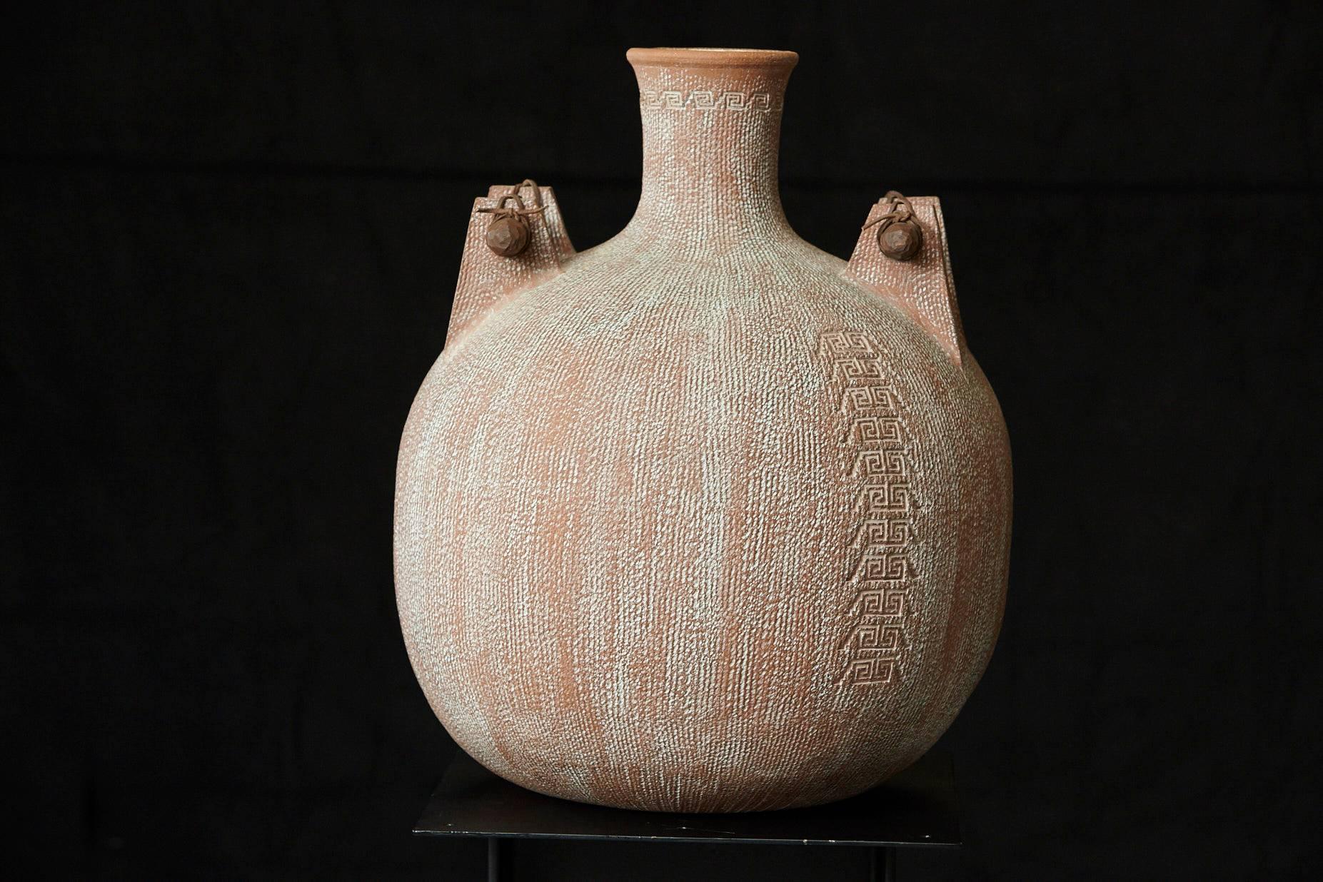 American Jack Moulthrop - Huge Ceramic Native Inspired Vessel with Wood Handles, Signed