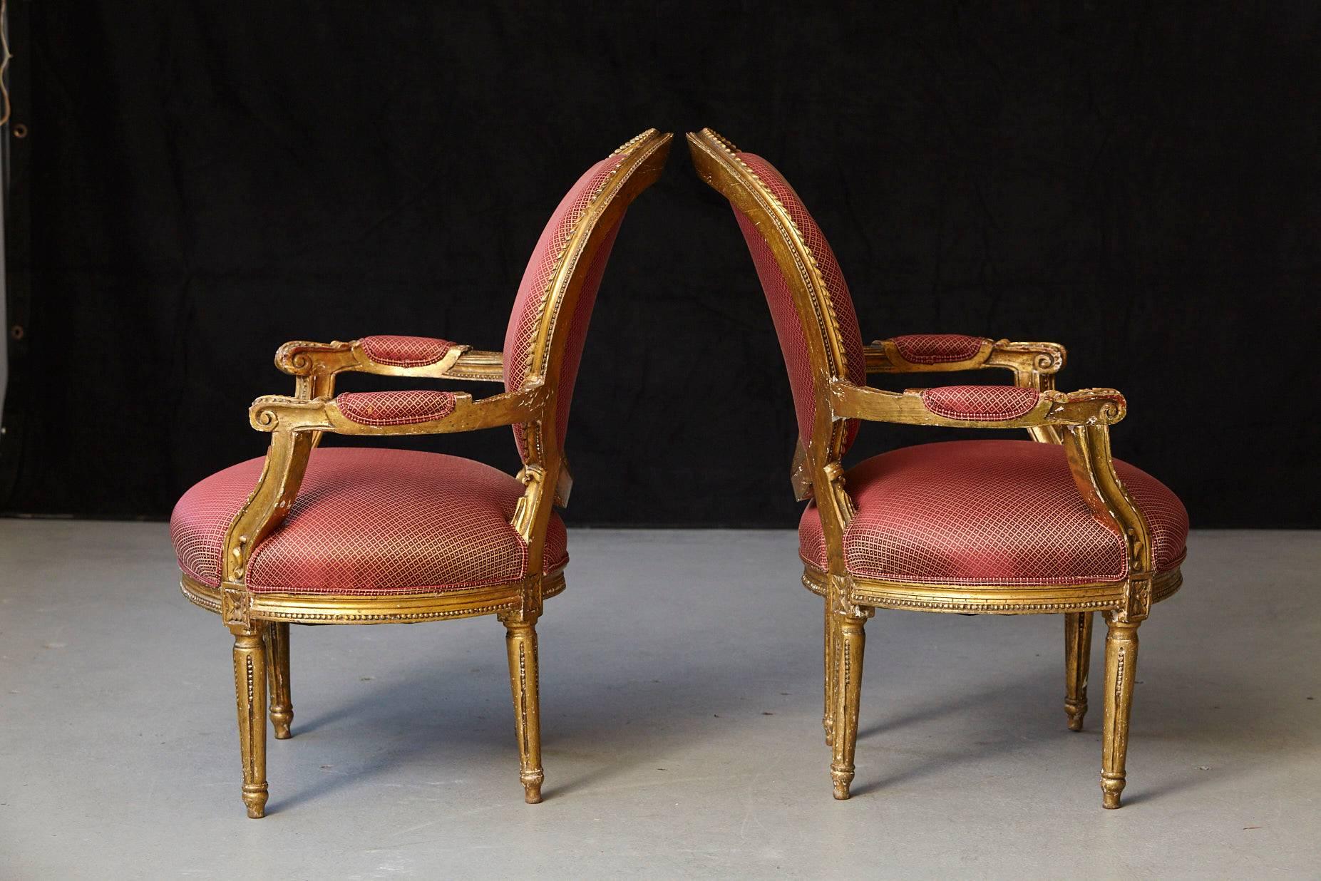 Late 19th Century Pair of French Louis XVI Style Gilded Fauteuils