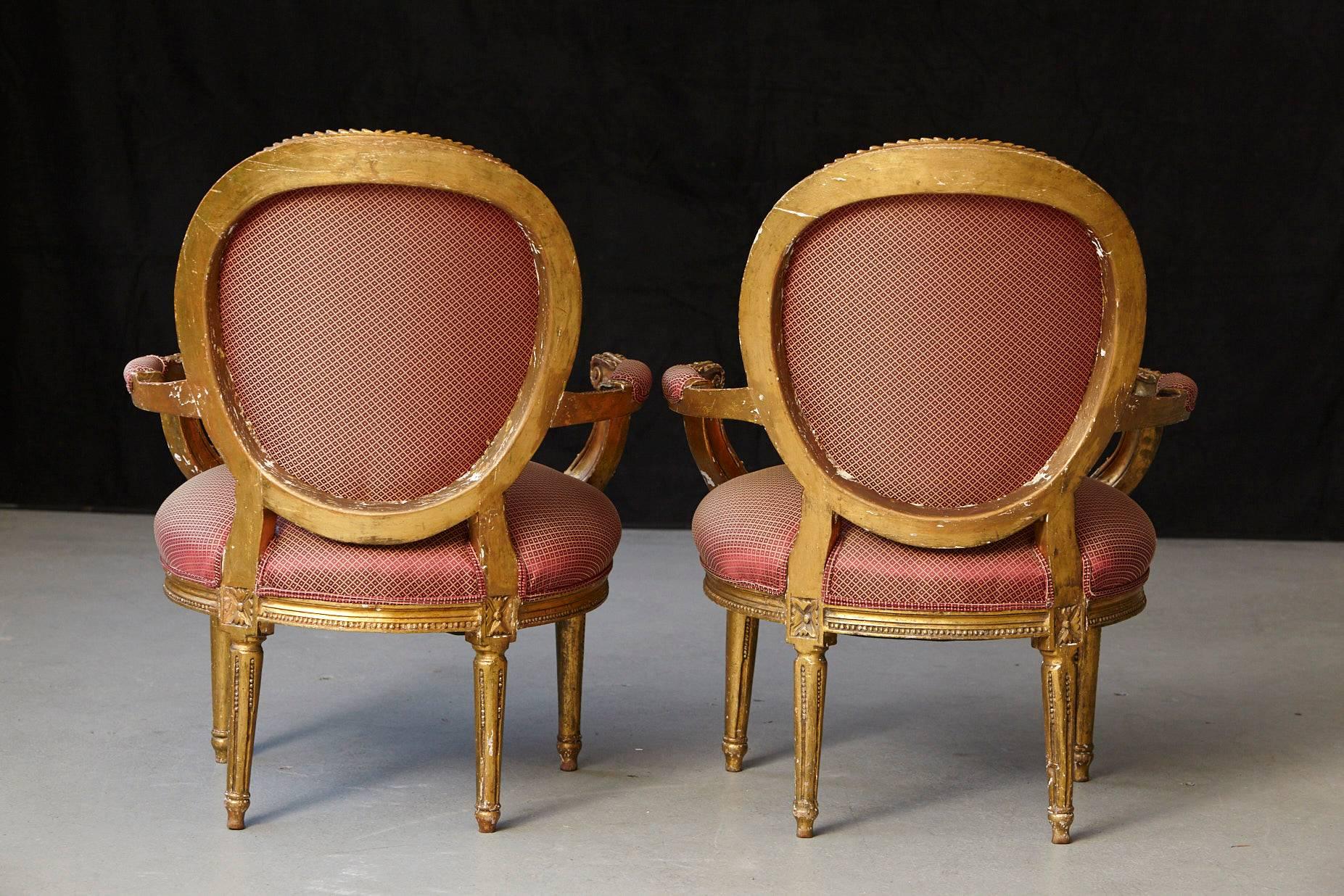 Wood Pair of French Louis XVI Style Gilded Fauteuils