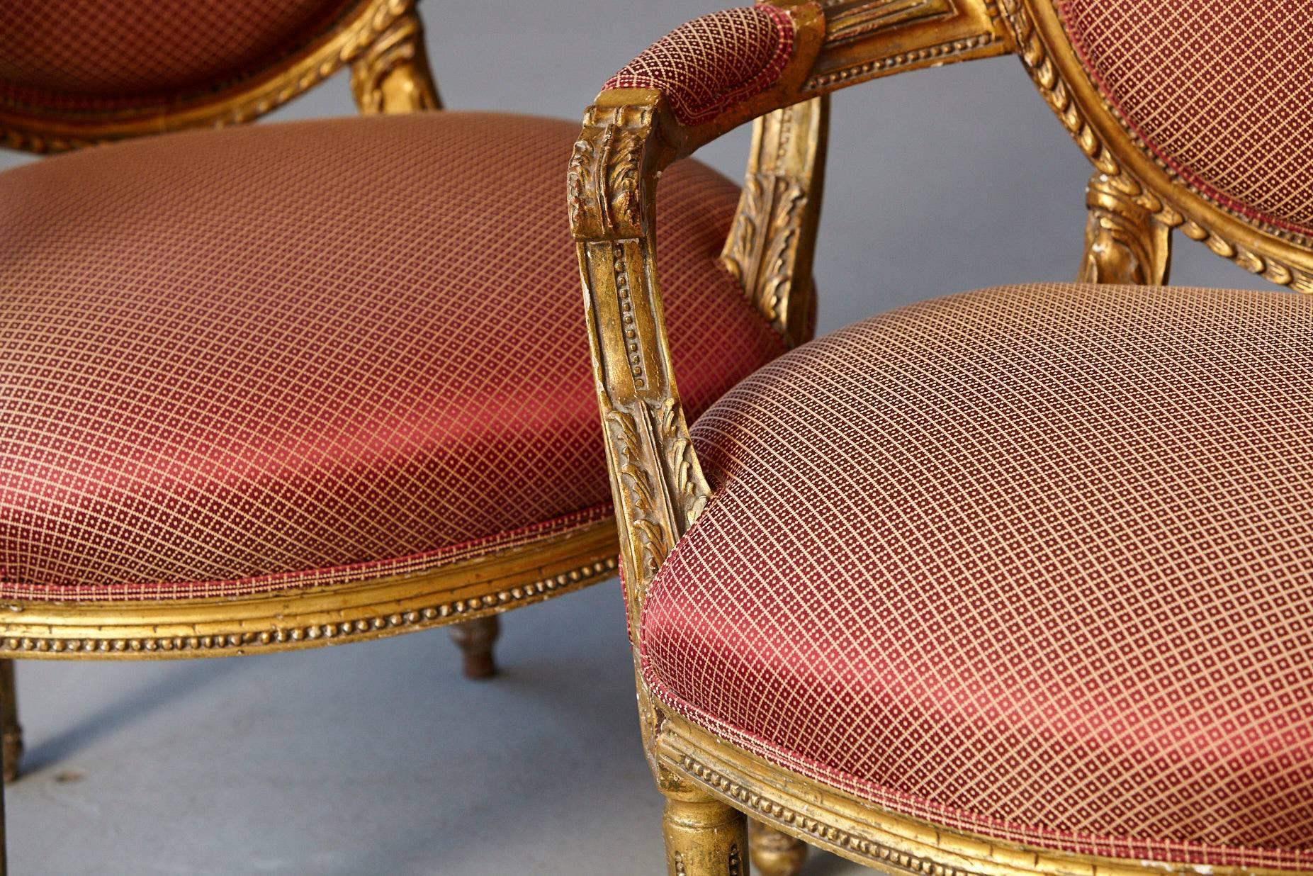 Pair of French Louis XVI Style Gilded Fauteuils 1