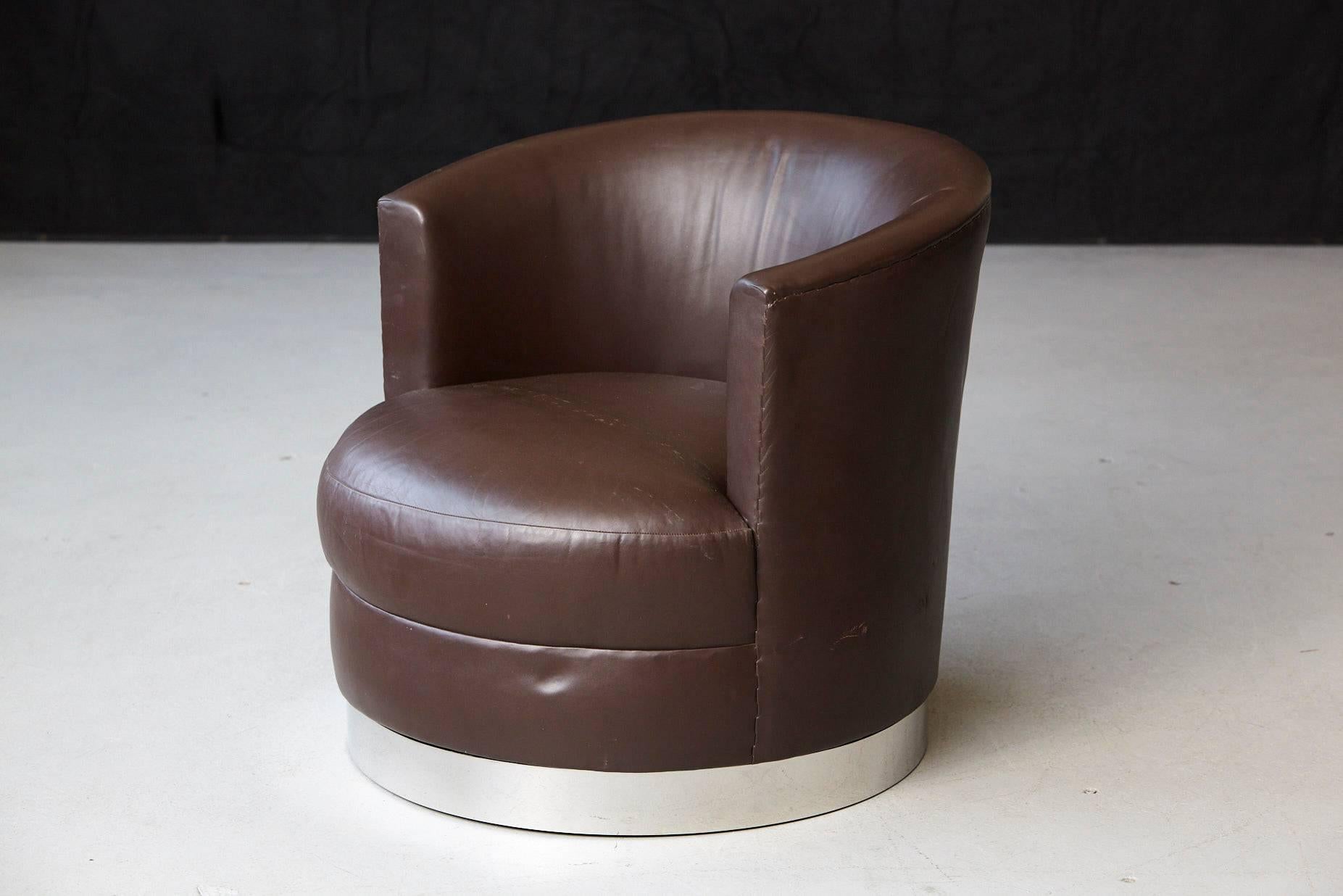 Mid-Century Modern Chocolate Brown Leather Swivel Club Chair In The Style Of Karl Springer 