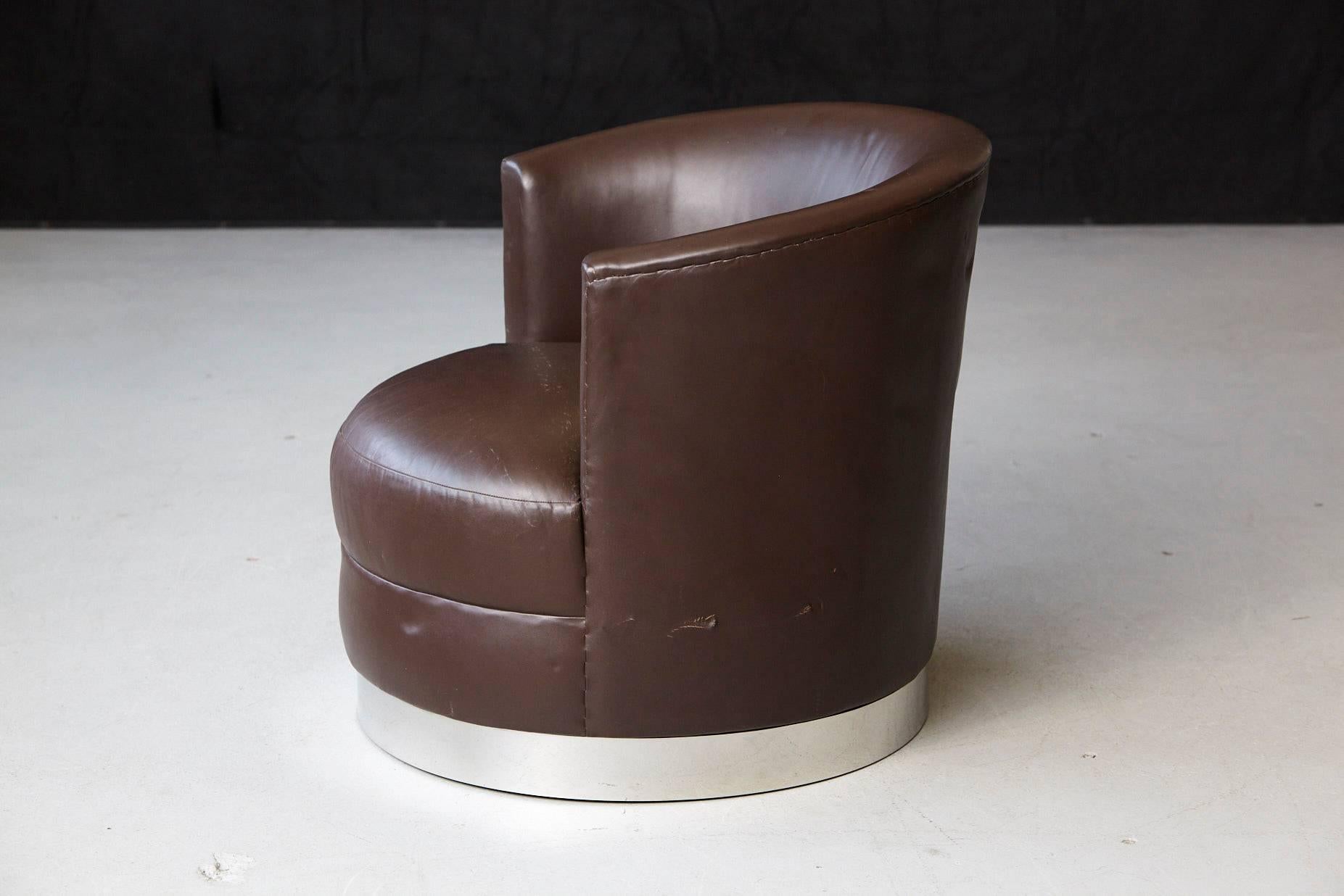 American Chocolate Brown Leather Swivel Club Chair In The Style Of Karl Springer 
