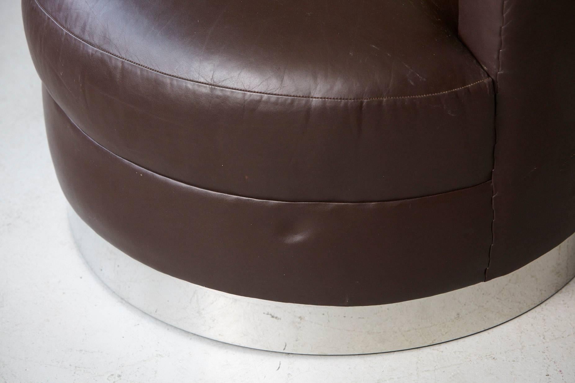 Steel Chocolate Brown Leather Swivel Club Chair In The Style Of Karl Springer 