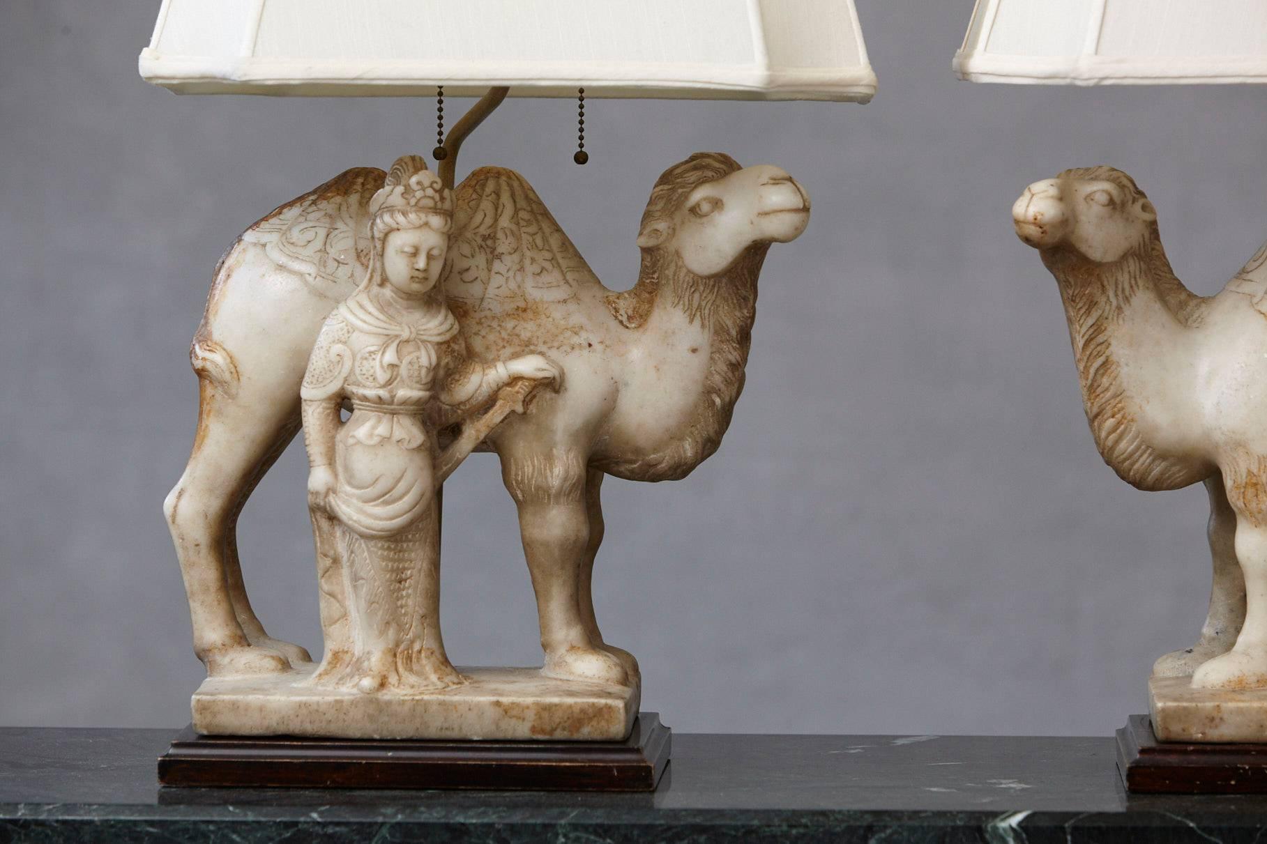 Chinese Pair of Hand-Carved Figurative Marble Table Lamps