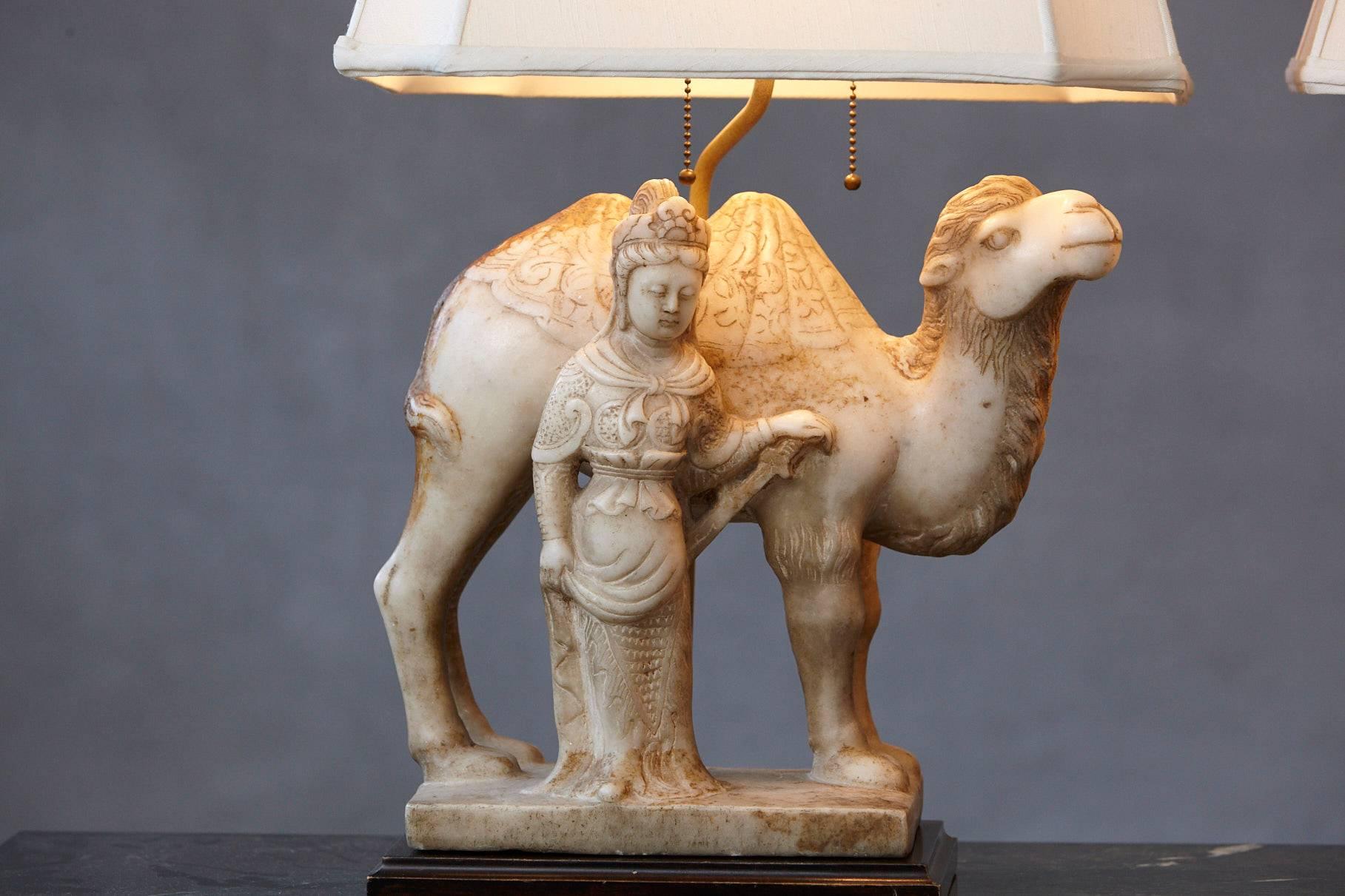 Brass Pair of Hand-Carved Figurative Marble Table Lamps