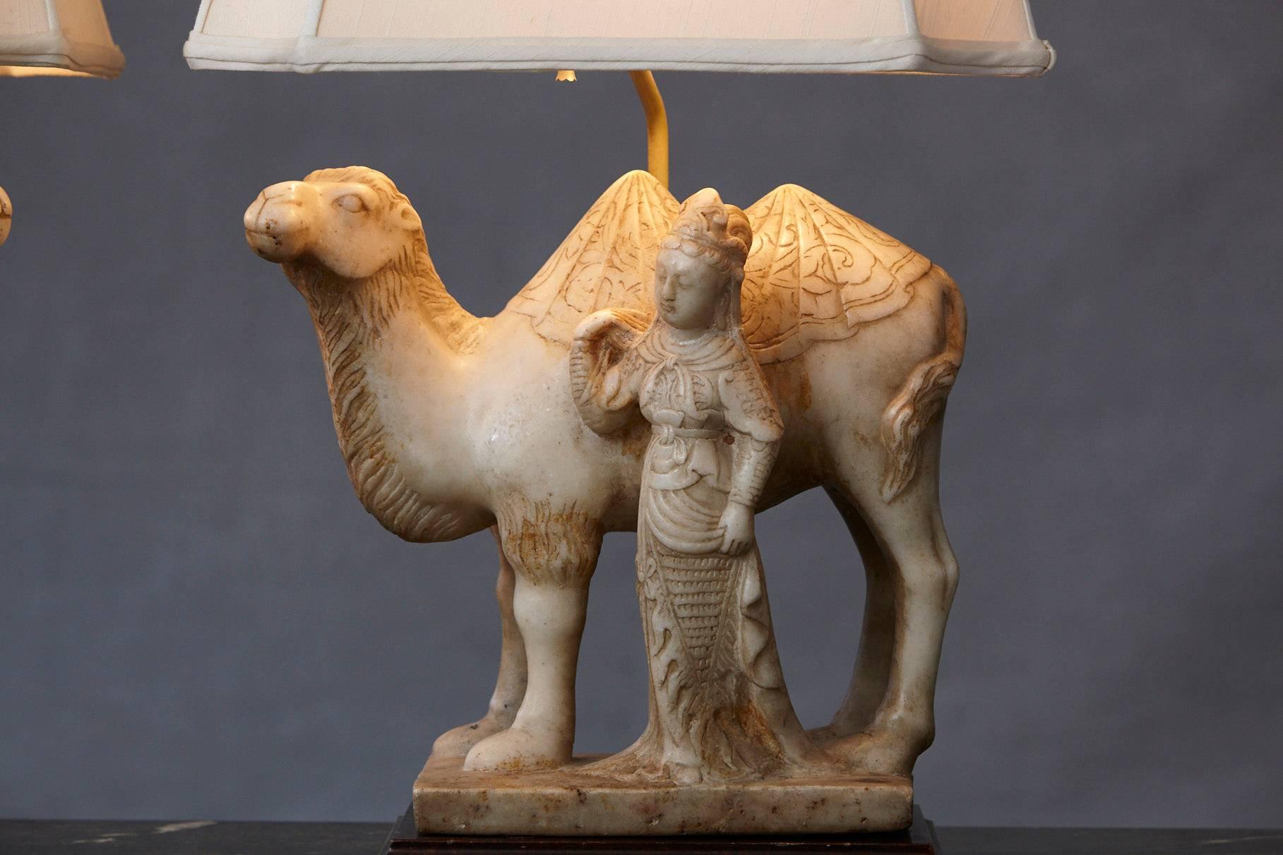 Pair of Hand-Carved Figurative Marble Table Lamps 1