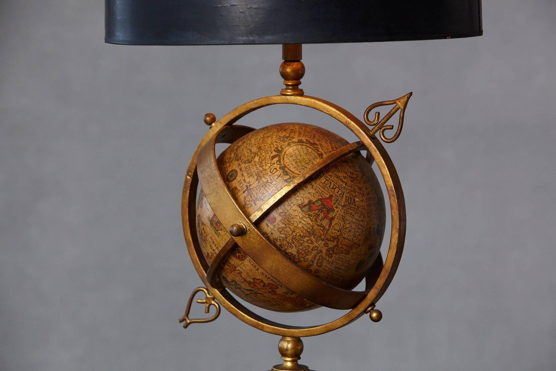 Mid-Century Modern Brass Armillary Table Lamp with Rotating Terrestrial Glass Globe, circa 1940s