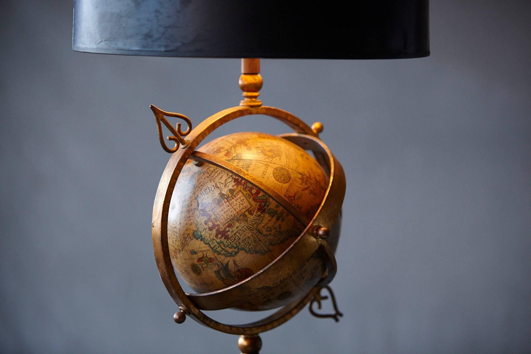 American Brass Armillary Table Lamp with Rotating Terrestrial Glass Globe, circa 1940s