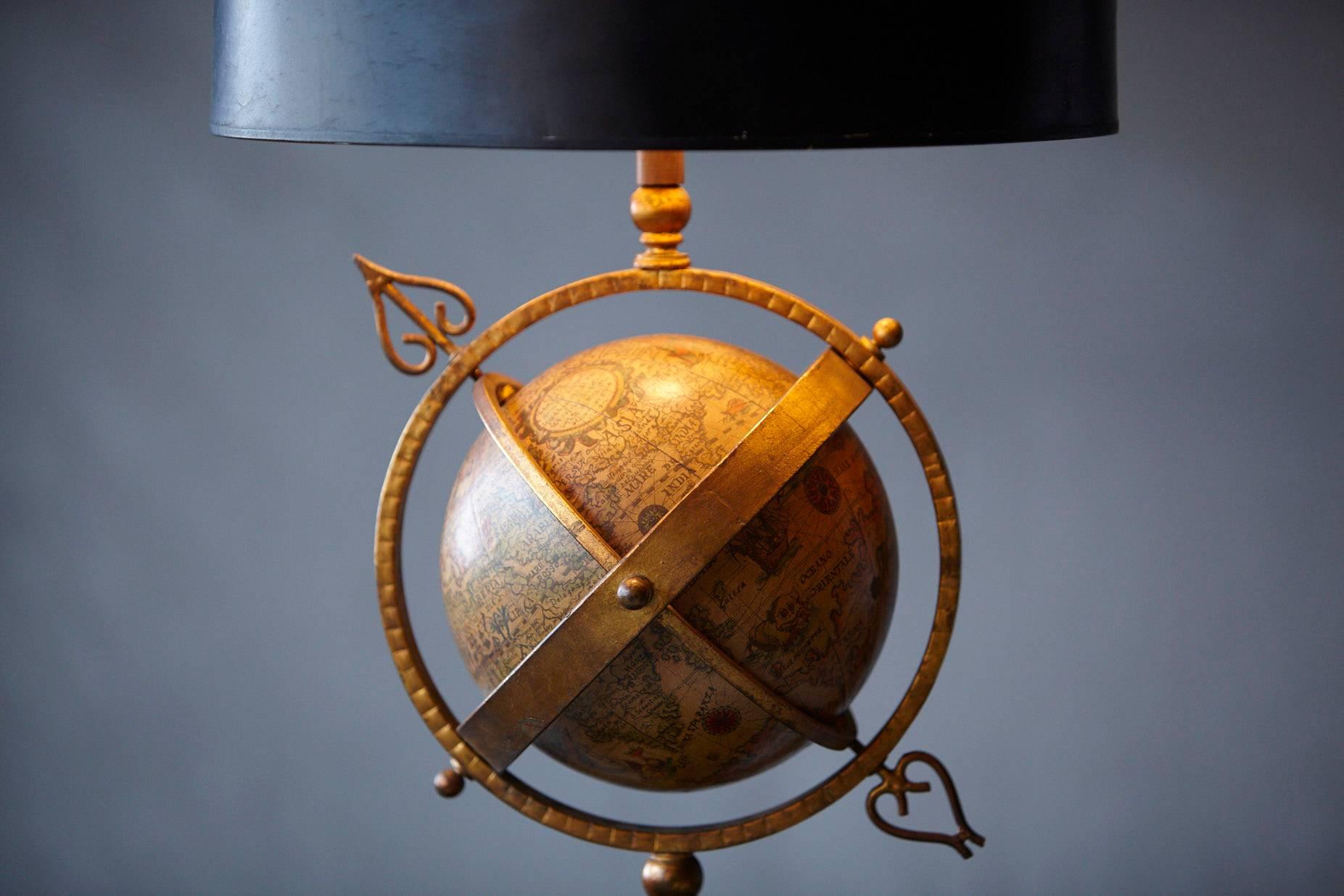 Mid-20th Century Brass Armillary Table Lamp with Rotating Terrestrial Glass Globe, circa 1940s