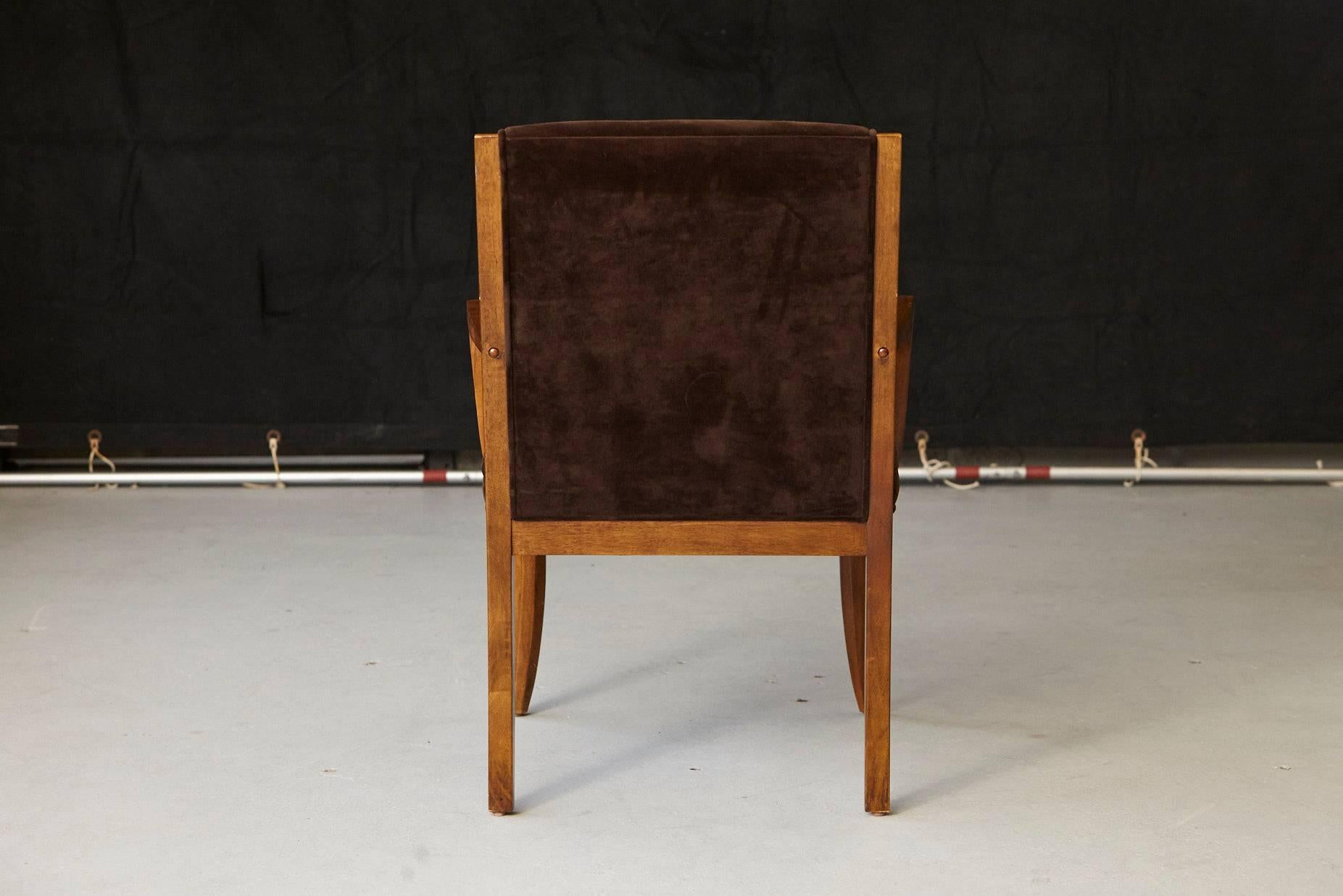 Art Deco Chocolate Brown Velvet Armchair with Carved and Tapered Legs