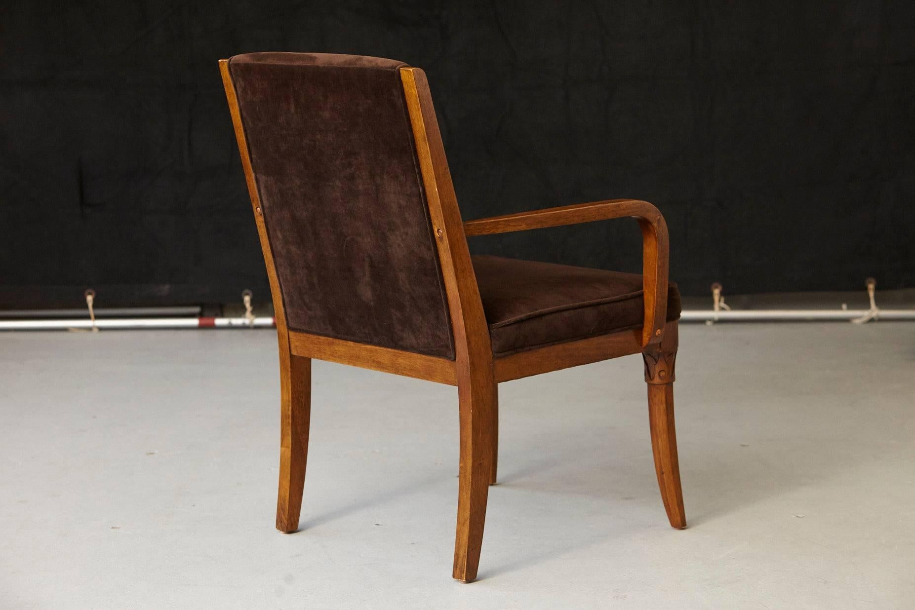 American Chocolate Brown Velvet Armchair with Carved and Tapered Legs