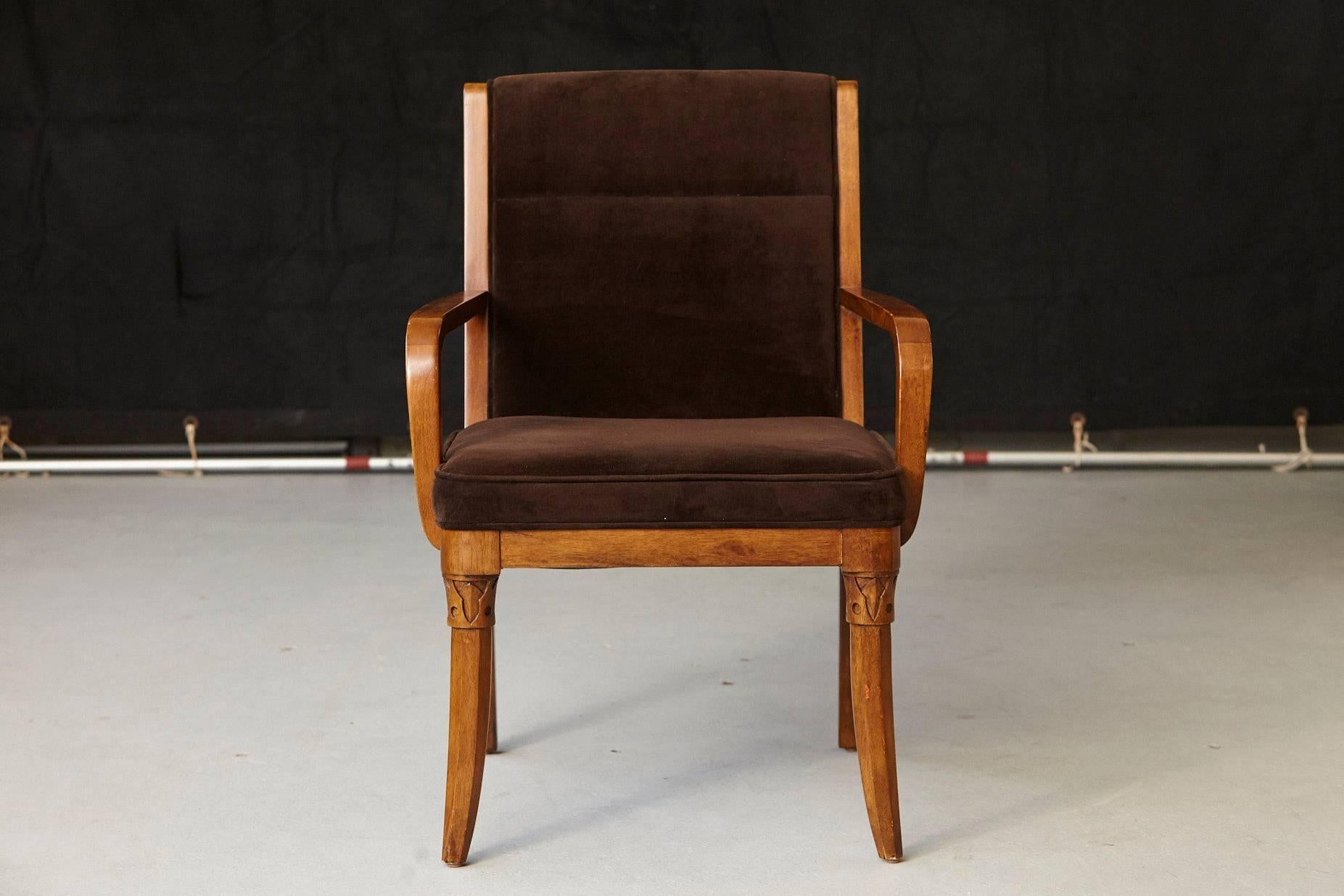 Chocolate Brown Velvet Armchair with Carved and Tapered Legs In Good Condition In Pau, FR