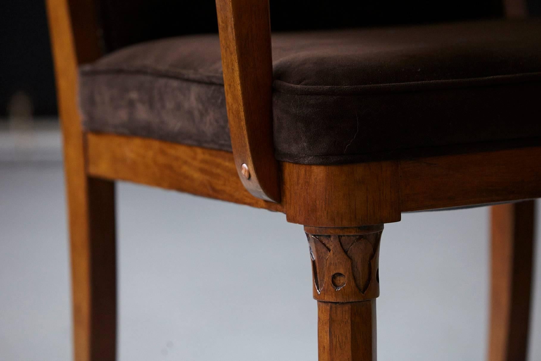 Late 20th Century Chocolate Brown Velvet Armchair with Carved and Tapered Legs