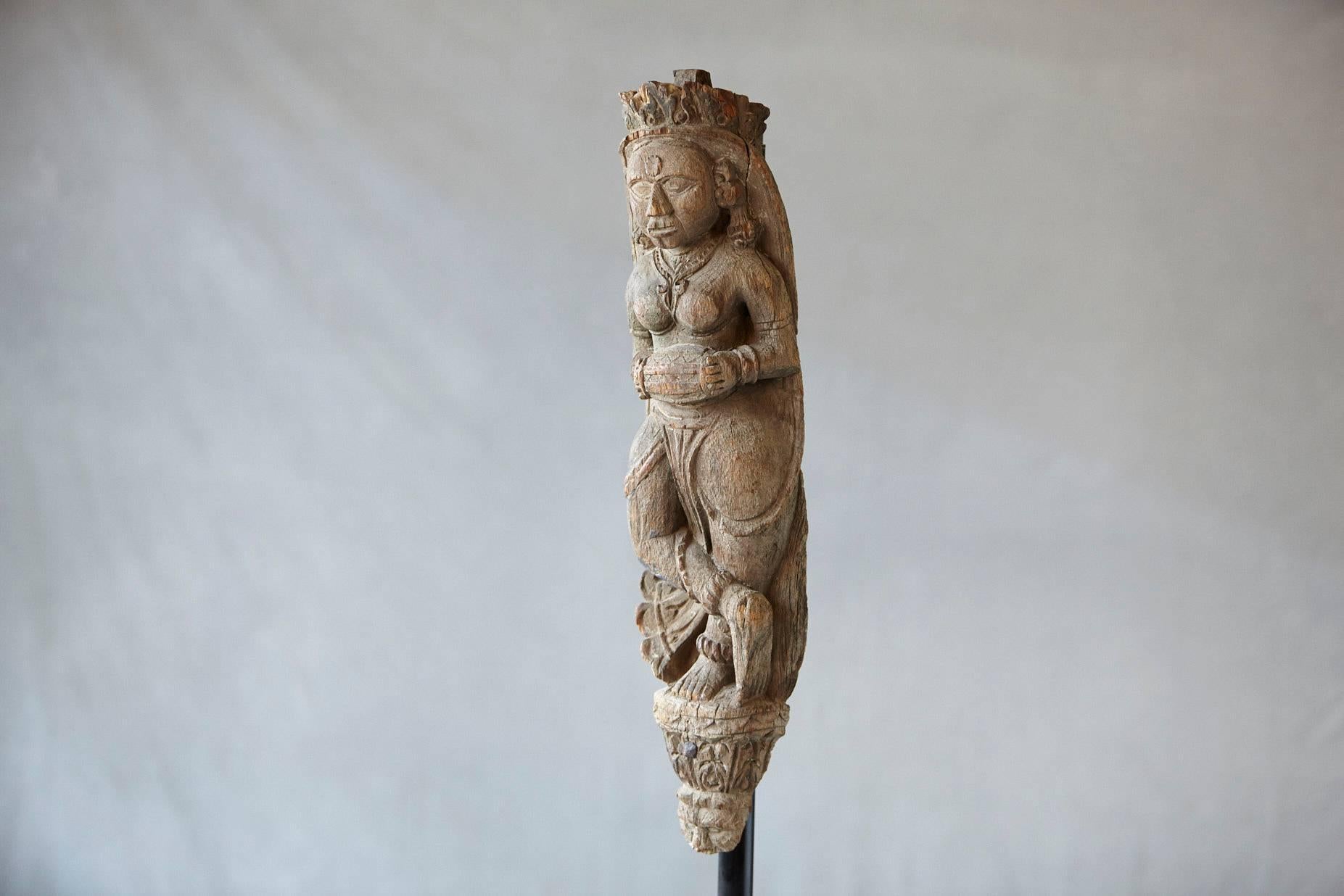Hardwood Hand-Carved Wood Wall Sculpture of an Indian Goddess