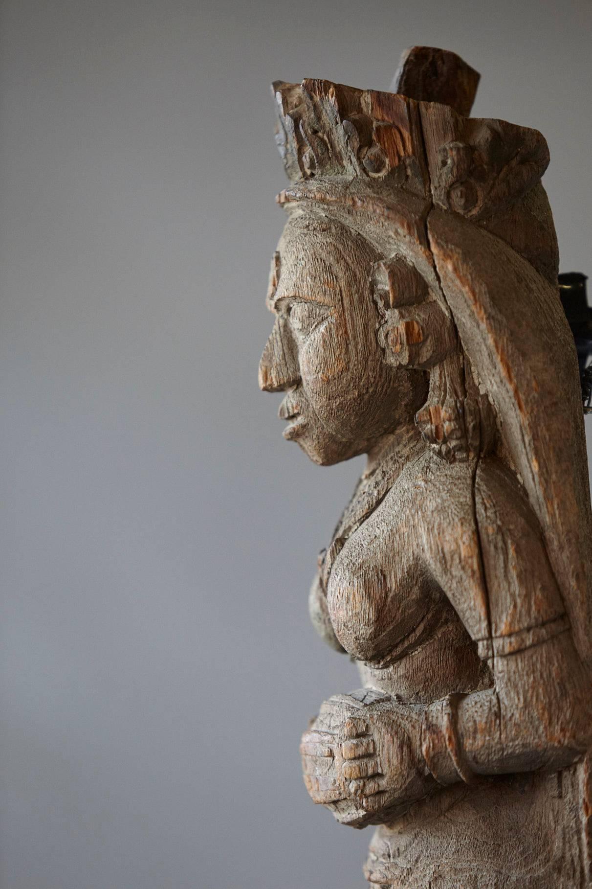 Hand-Carved Wood Wall Sculpture of an Indian Goddess 1