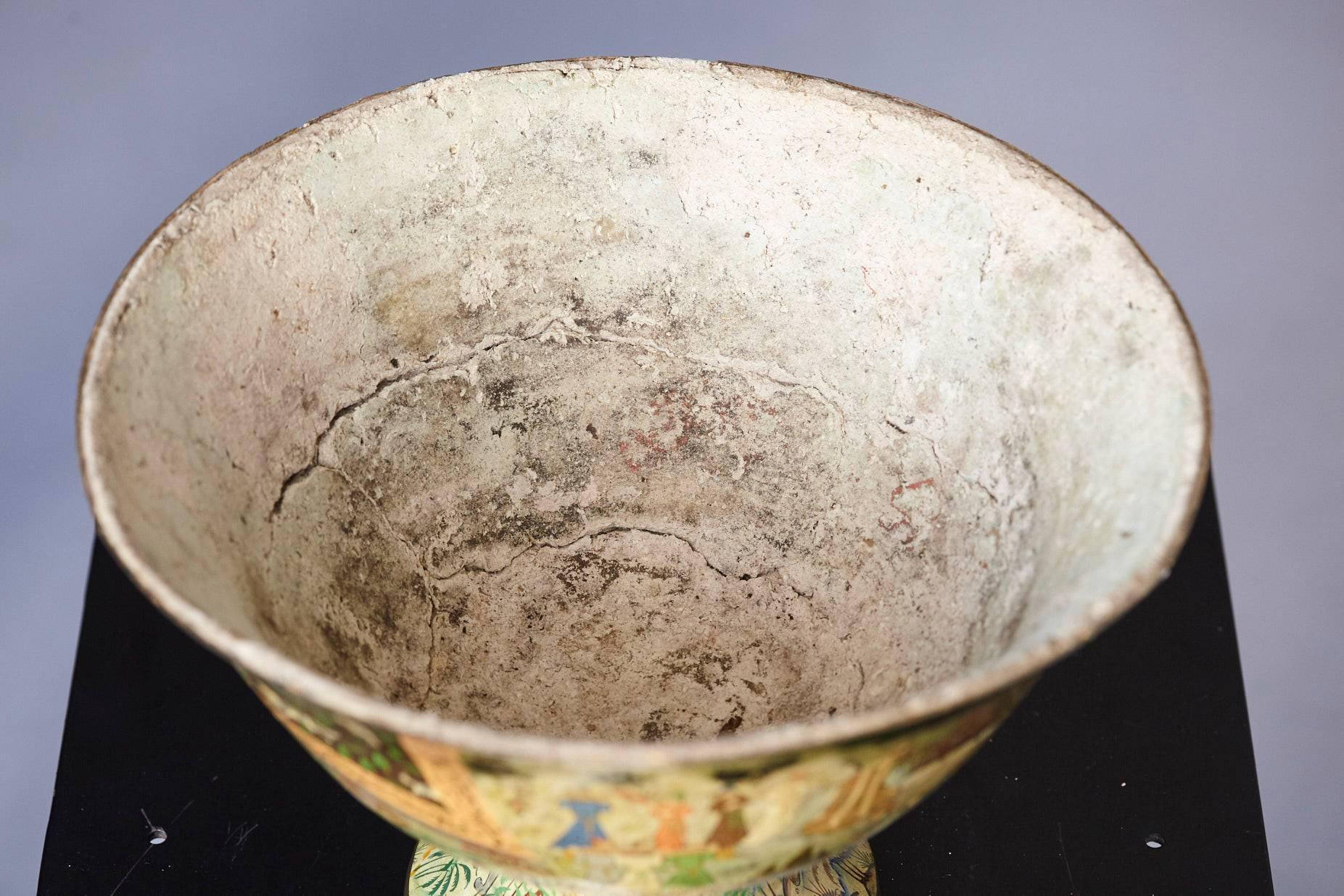 Hand-Painted Plaster Bowl with Zinc Inlay from Kashmir, circa 1960s 3