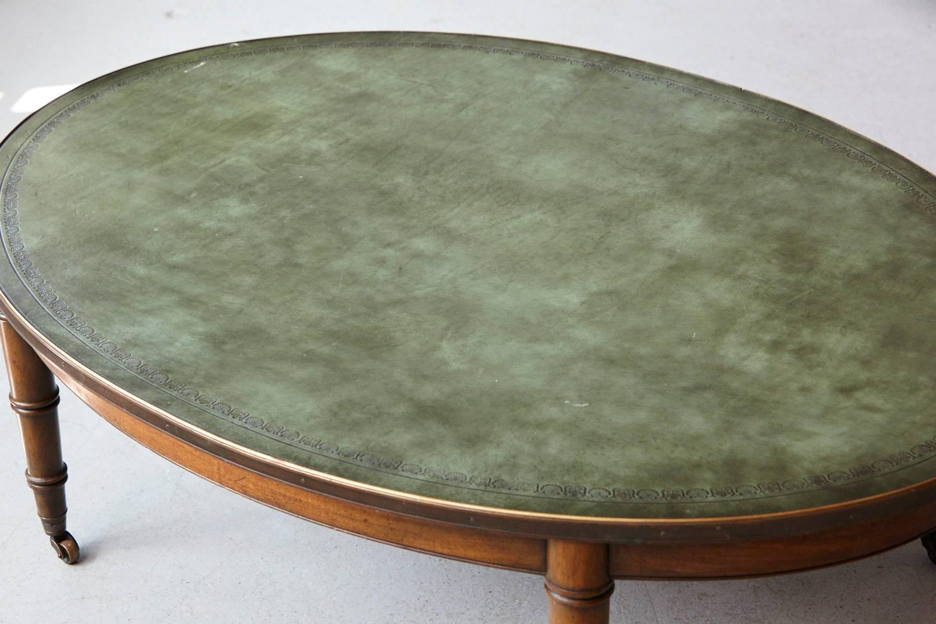 20th Century Rare Kittinger Coffee Table with Green Embossed Leather Top and Serial Number #1