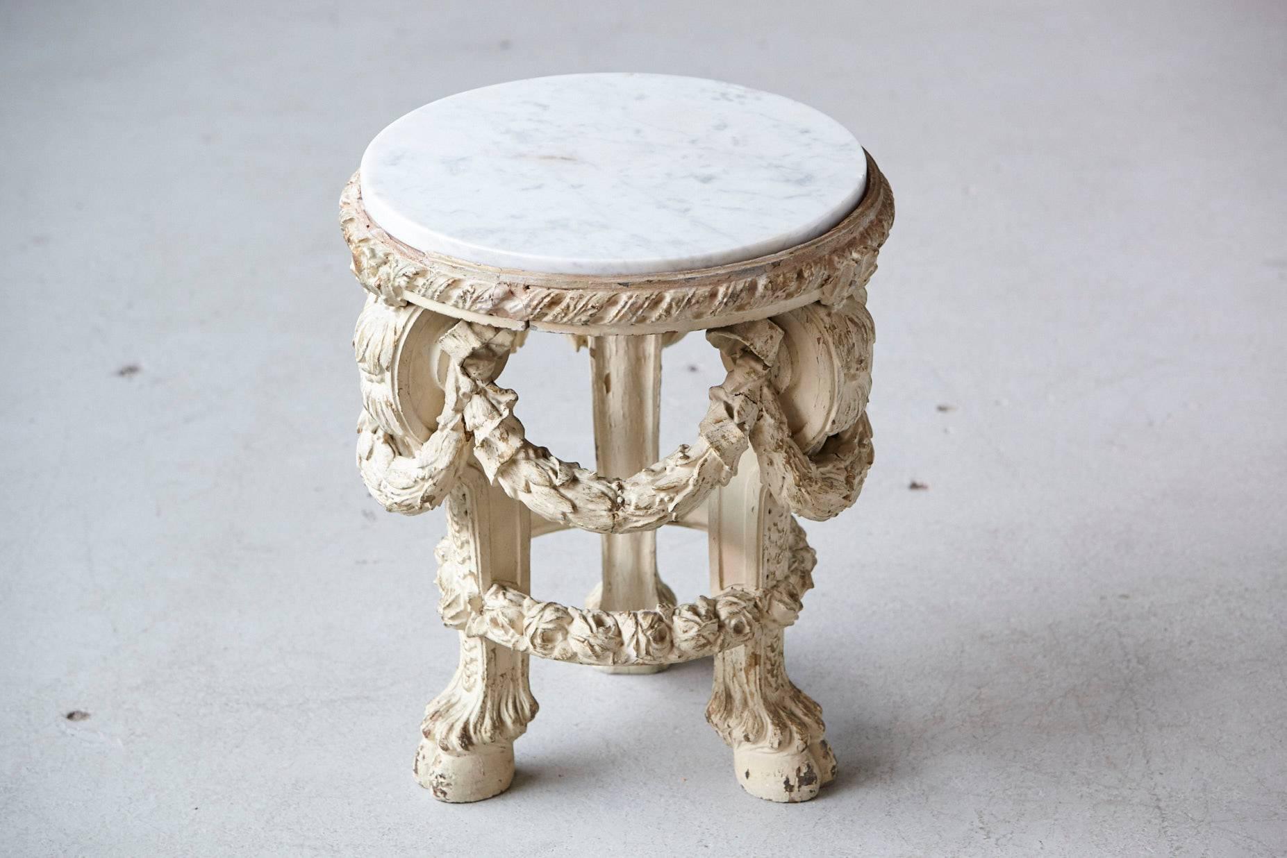 English Victorian Side Table with Detailed Carvings Paint Finish and Marble Top