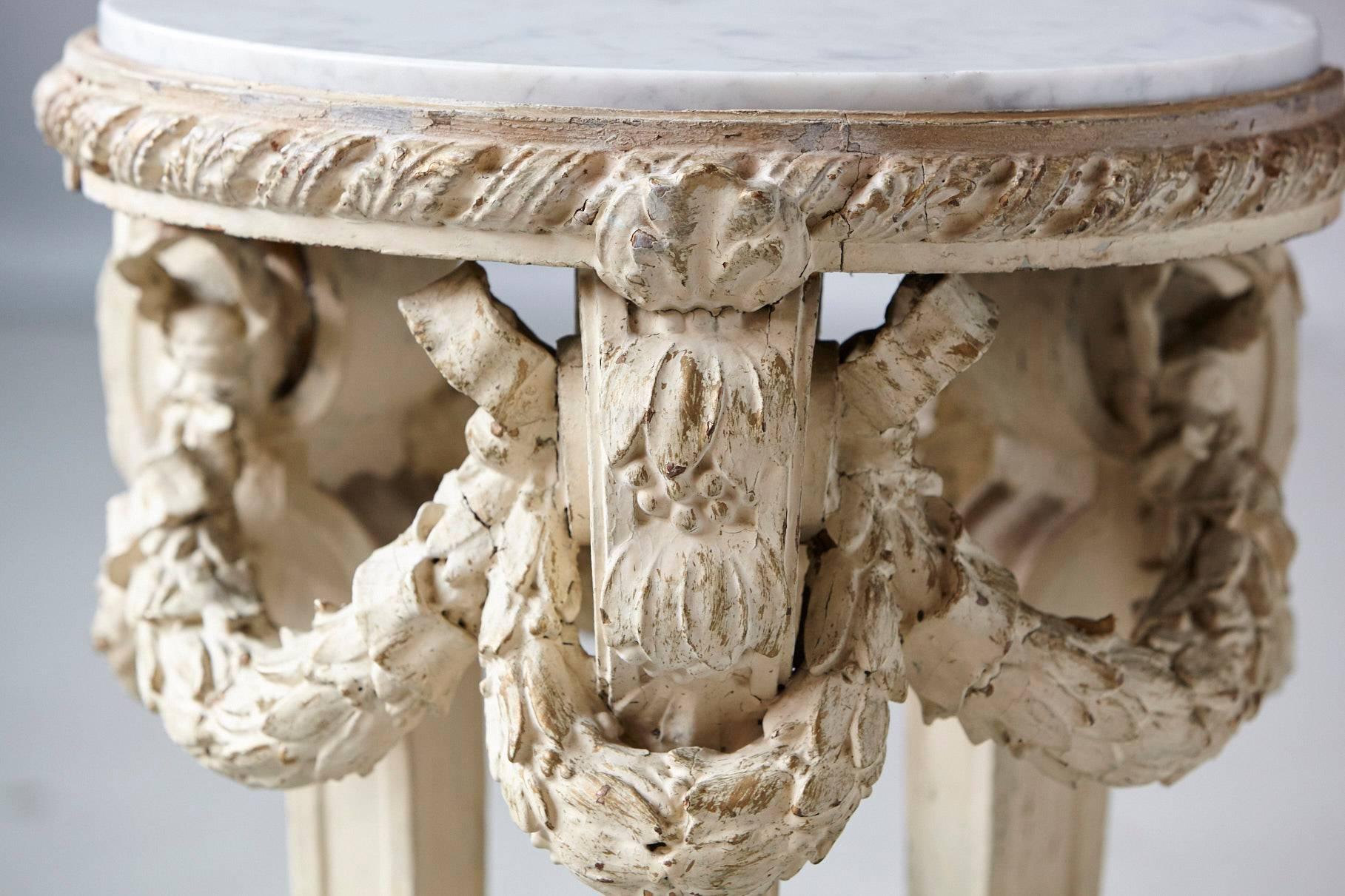 19th Century Victorian Side Table with Detailed Carvings Paint Finish and Marble Top