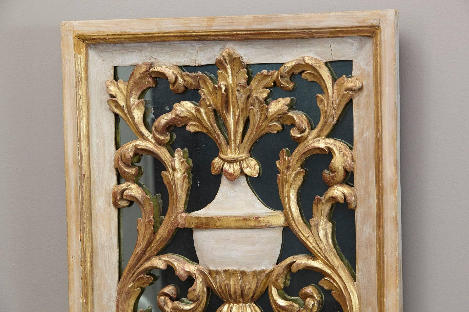 19th Century Venetian Style Painted and Gilded Carved Wood Mirror Back Panel For Sale 2