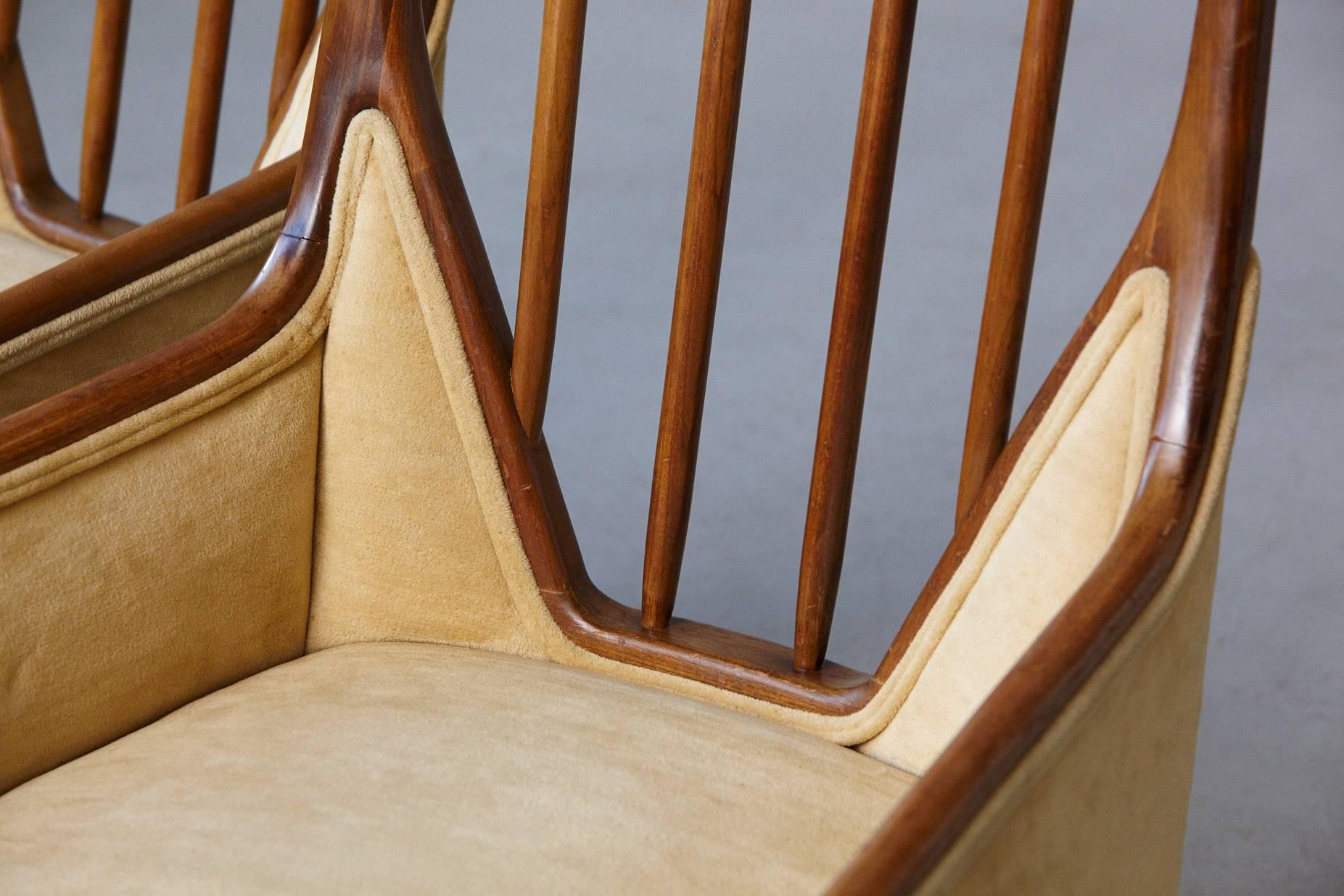 Velvet Pair of High Back Walnut Lounge Chairs in the Style of T.H. Robsjohn Gibbings