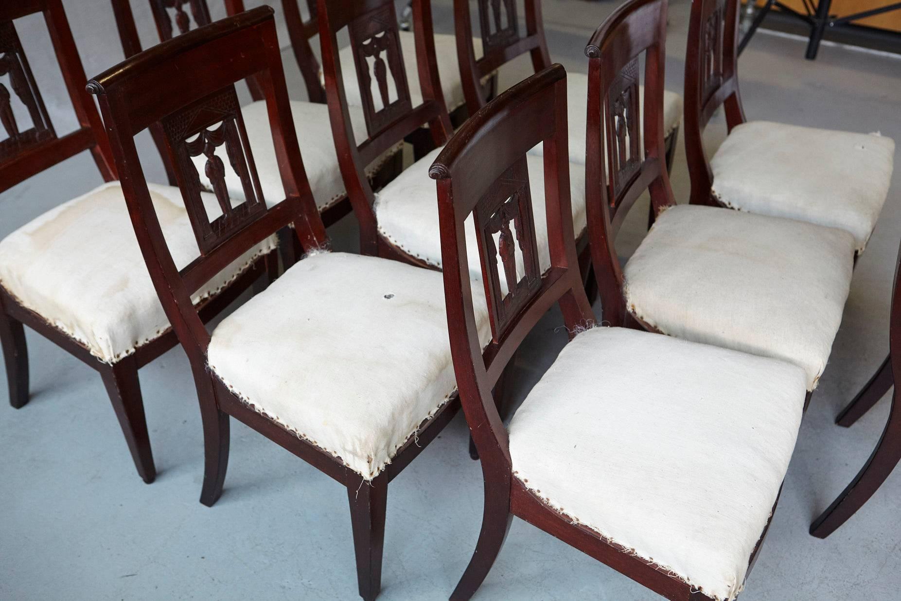 19th Century Set of Ten Antique Mahogany Dining Chairs with Detailed Back Carvings