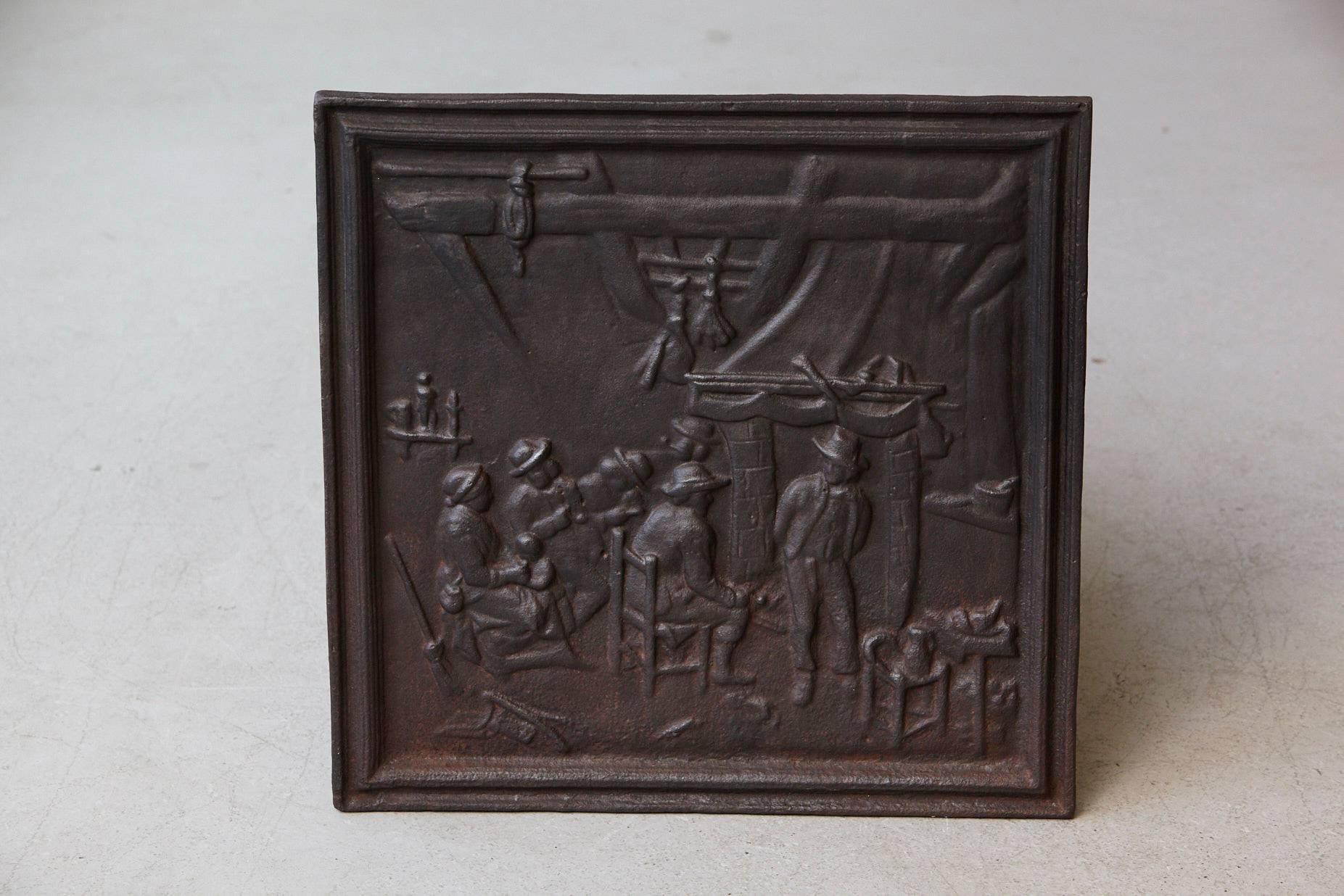 19th Century Black Iron Fireback Depicting a Scene in a Home 2