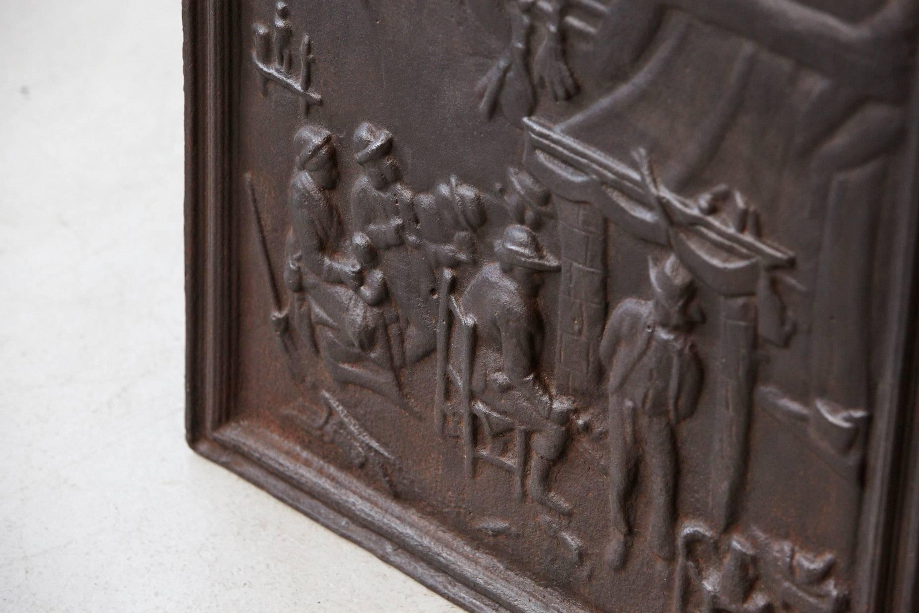 19th Century Black Iron Fireback Depicting a Scene in a Home 3