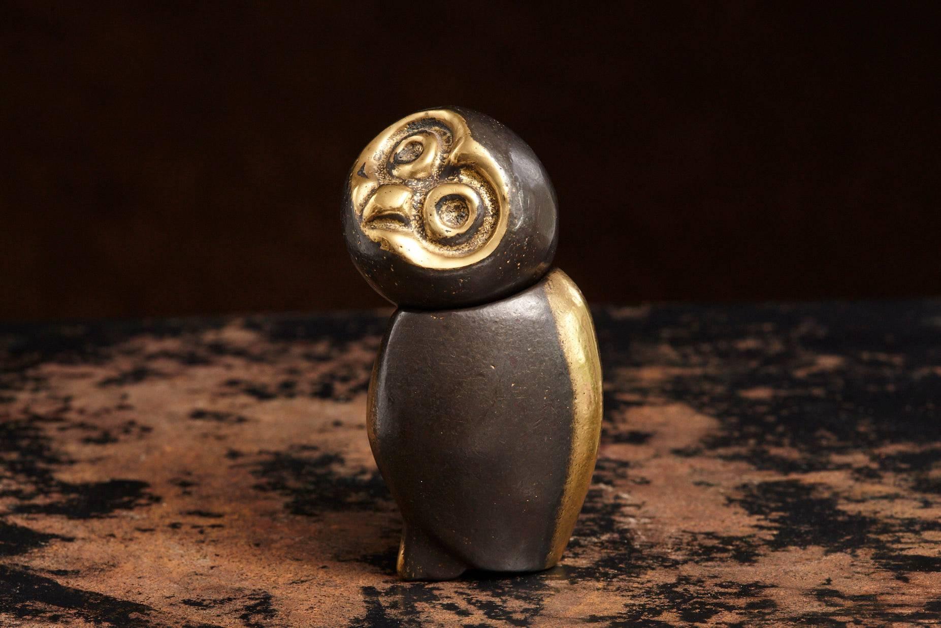 Mid-20th Century Heavy Brass Owl with Swiveling Head in the Style of Walter Bosse