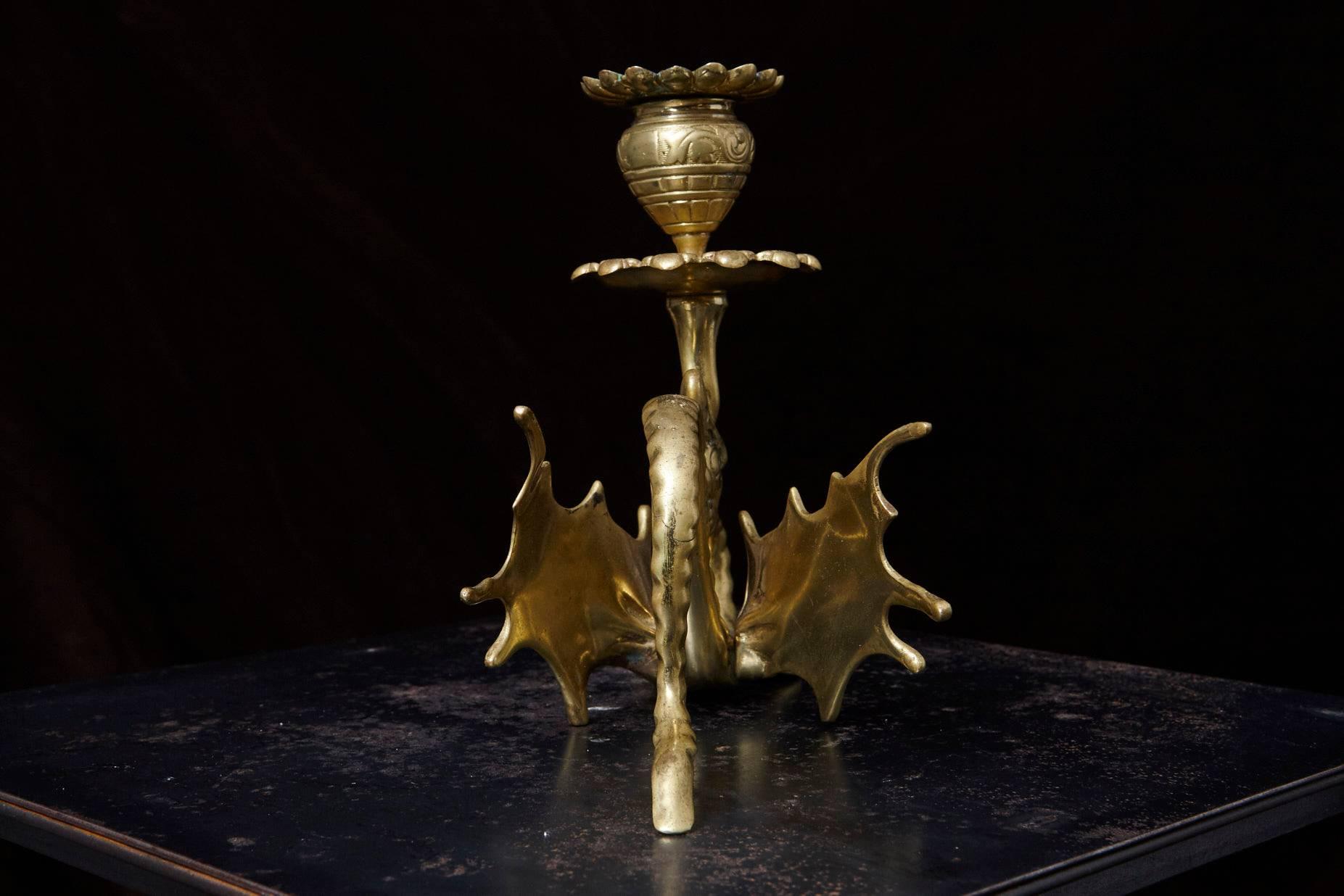 French Pair of 19th Century Victorian Winged Dragon Brass Candleholders