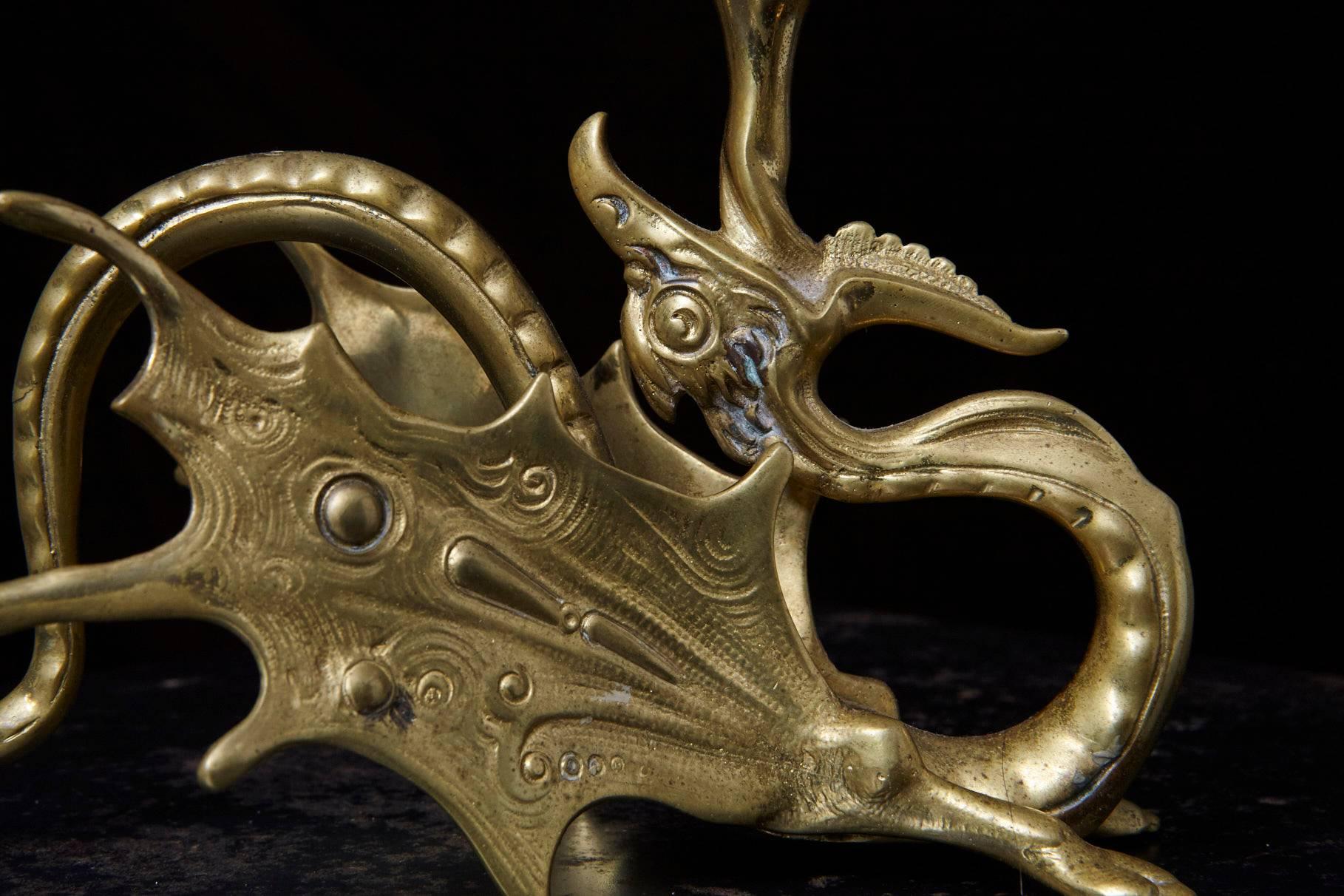 Pair of 19th Century Victorian Winged Dragon Brass Candleholders In Good Condition In Pau, FR
