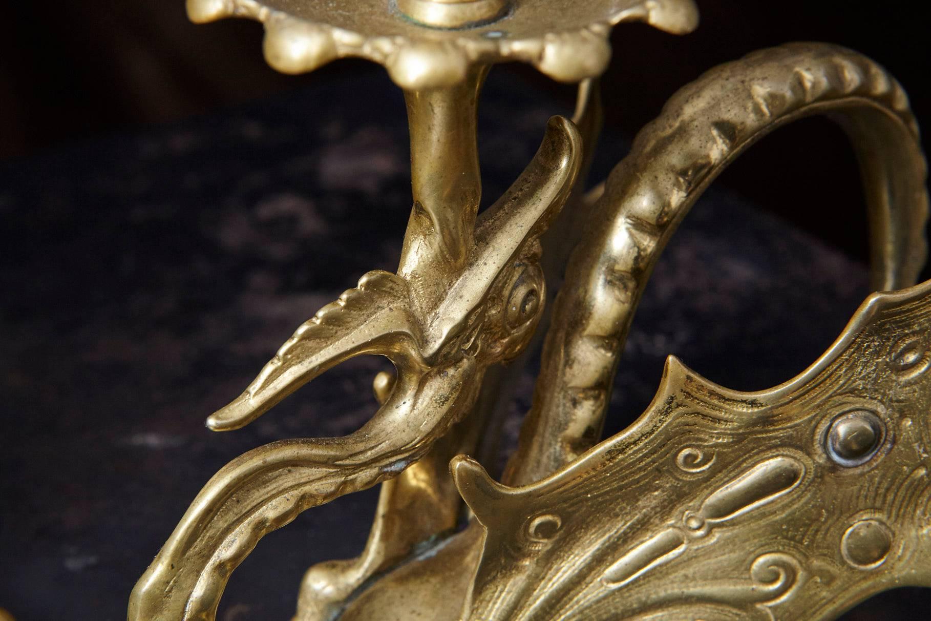 Pair of 19th Century Victorian Winged Dragon Brass Candleholders 1