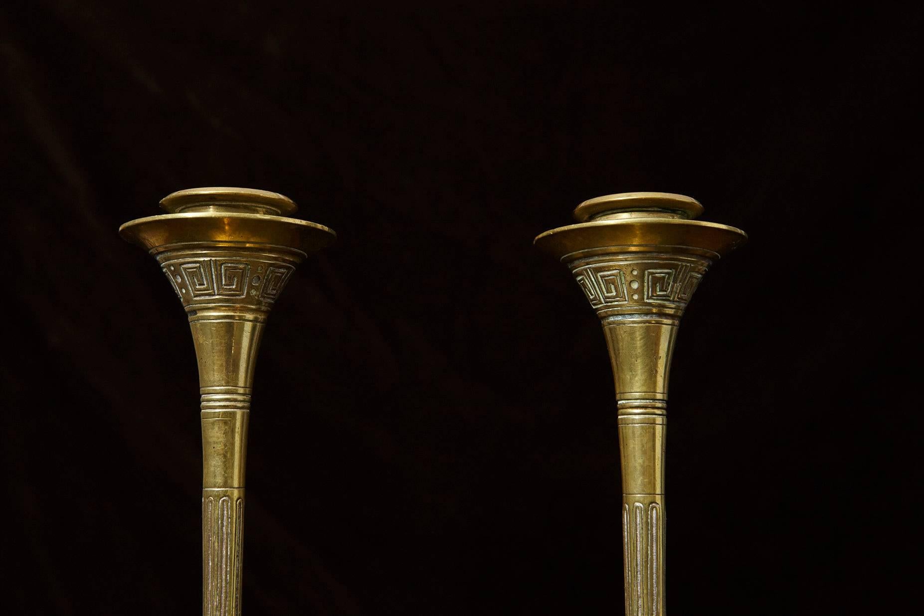 American Pair of 19th Century Aesthetic Movement Trumpet Form Brass Candlesticks