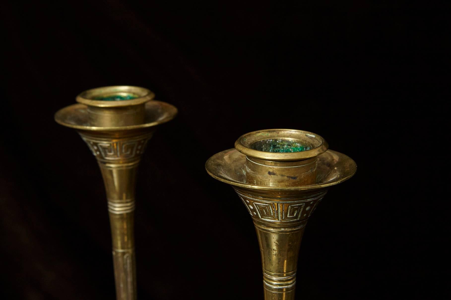 Pair of 19th Century Aesthetic Movement Trumpet Form Brass Candlesticks 1