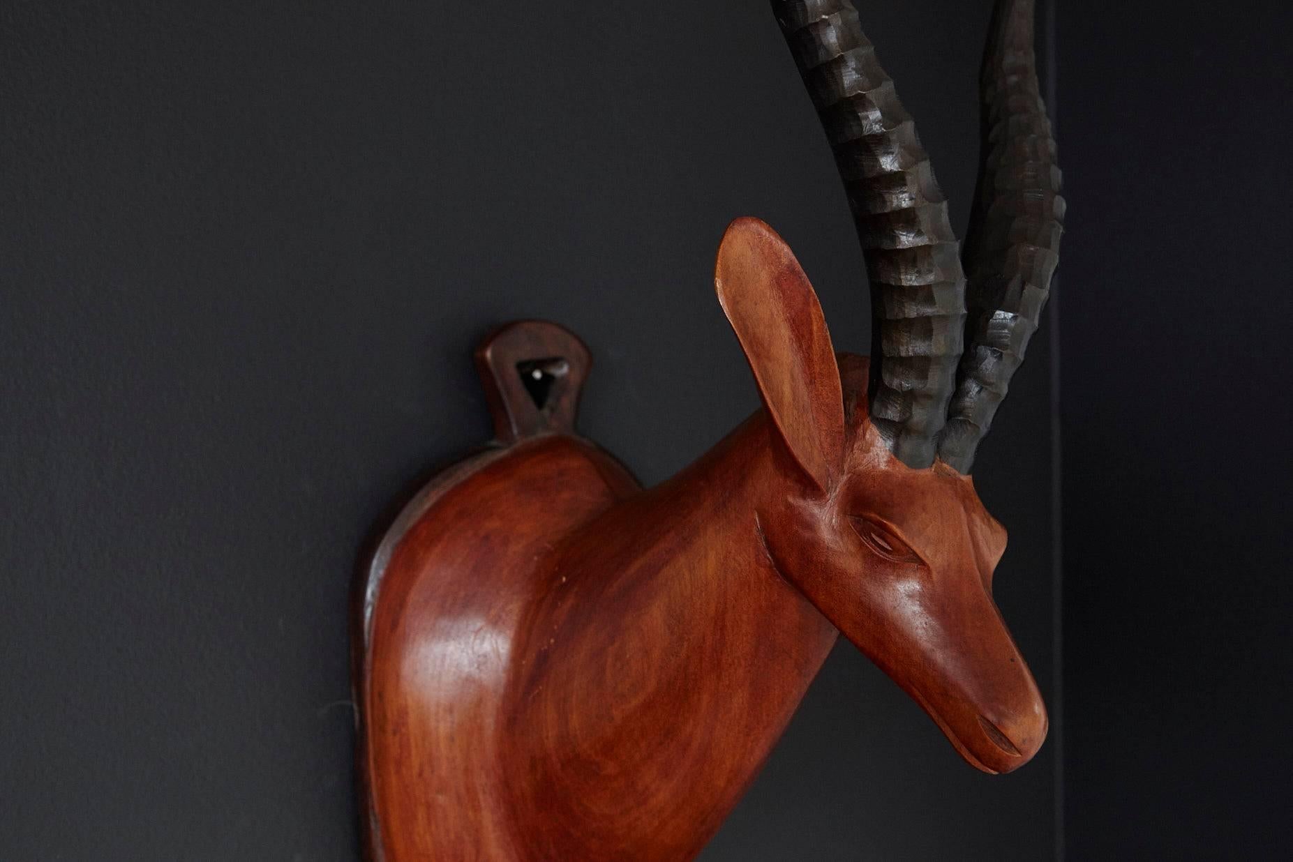 Mid-20th Century Hand-Carved Wood Antelope Head Wall Mount