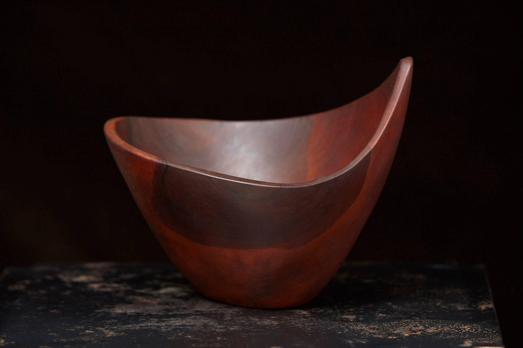 Fine, midcentury hand-turned teak bowl with a beautiful patina, signed M. Maury on the bottom.