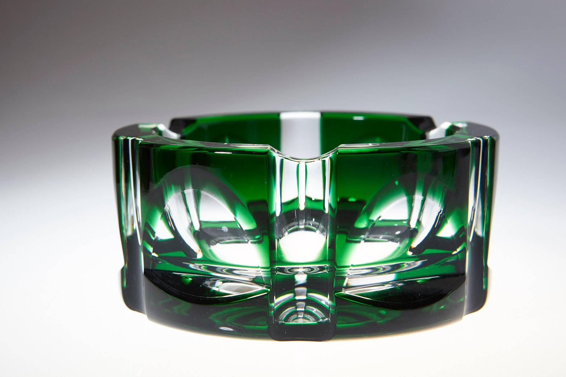 Late 20th Century Heavy Hexagonal Emerald Green Crystal Ashtray