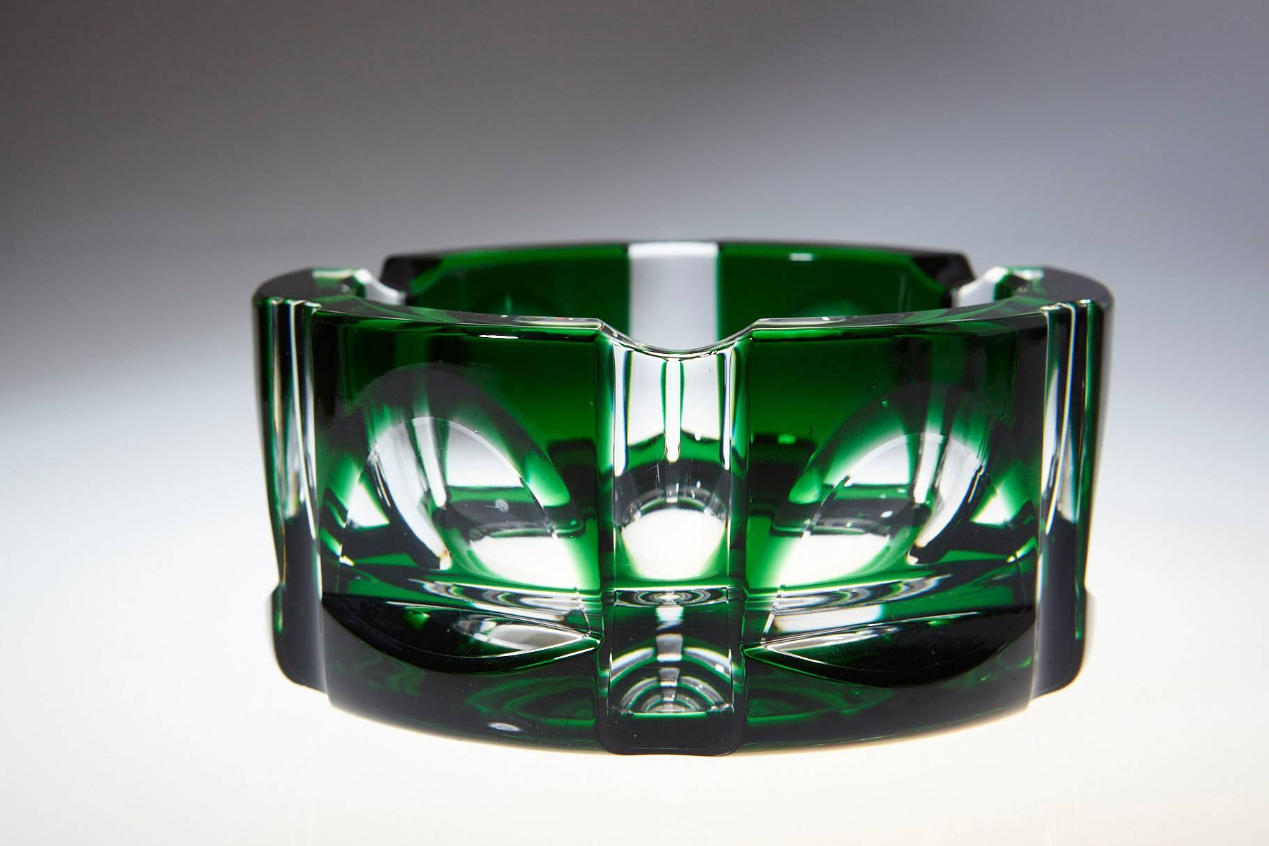 Beautiful, very heavy, hexagonal emerald green crystal ashtray in very good condition.