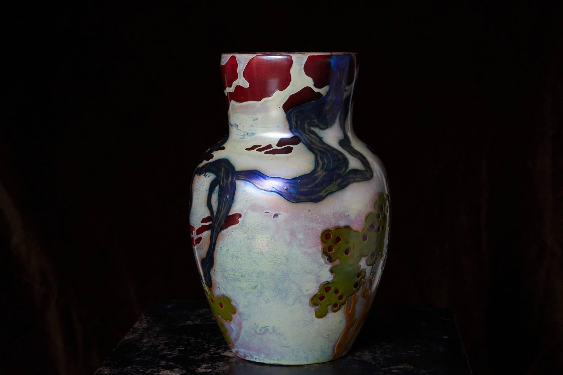Hungarian Ceramic Eosin Glaze Vase, Landscape with Hawk by Zsolnay, circa 1900 In Excellent Condition In Pau, FR