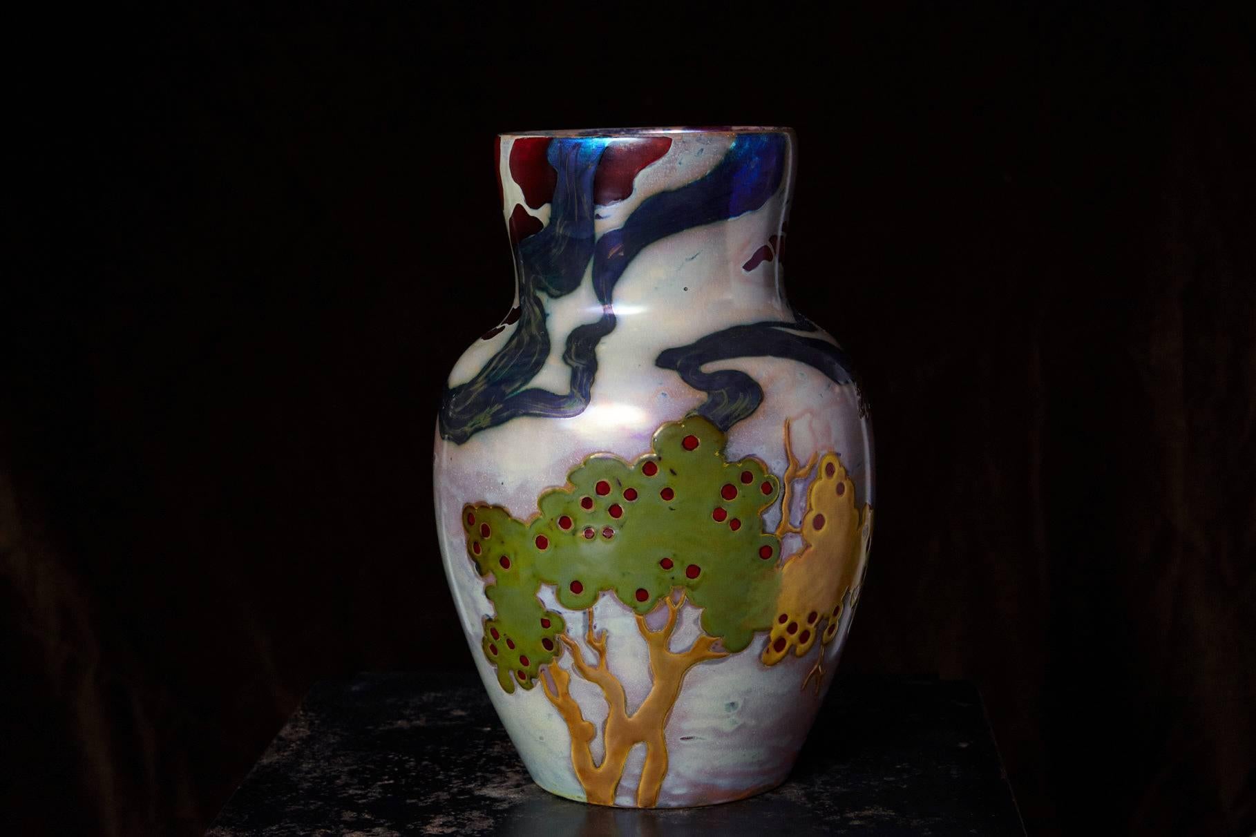 Early 20th Century Hungarian Ceramic Eosin Glaze Vase, Landscape with Hawk by Zsolnay, circa 1900