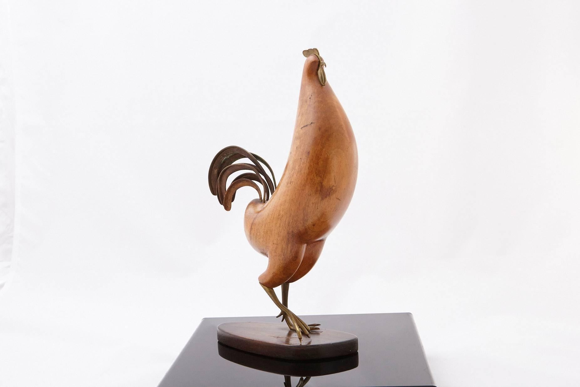 Streamlined Moderne Bronze and Walnut Rooster Sculpture by Karl Hagenauer