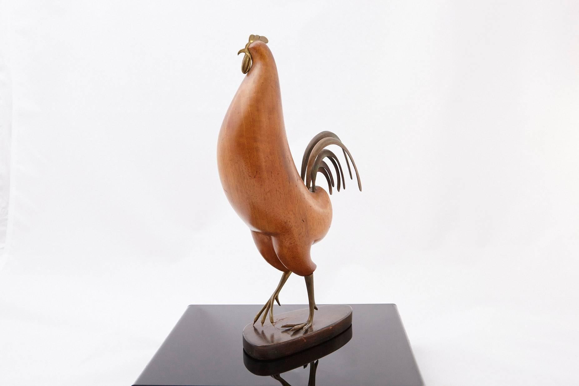 Bronze and Walnut Rooster Sculpture by Karl Hagenauer In Good Condition In Pau, FR