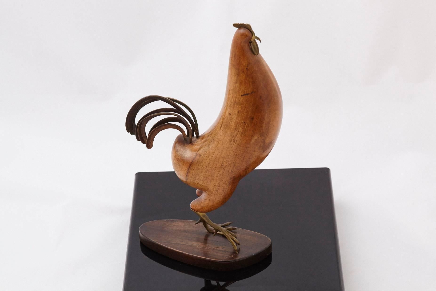 Mid-20th Century Bronze and Walnut Rooster Sculpture by Karl Hagenauer